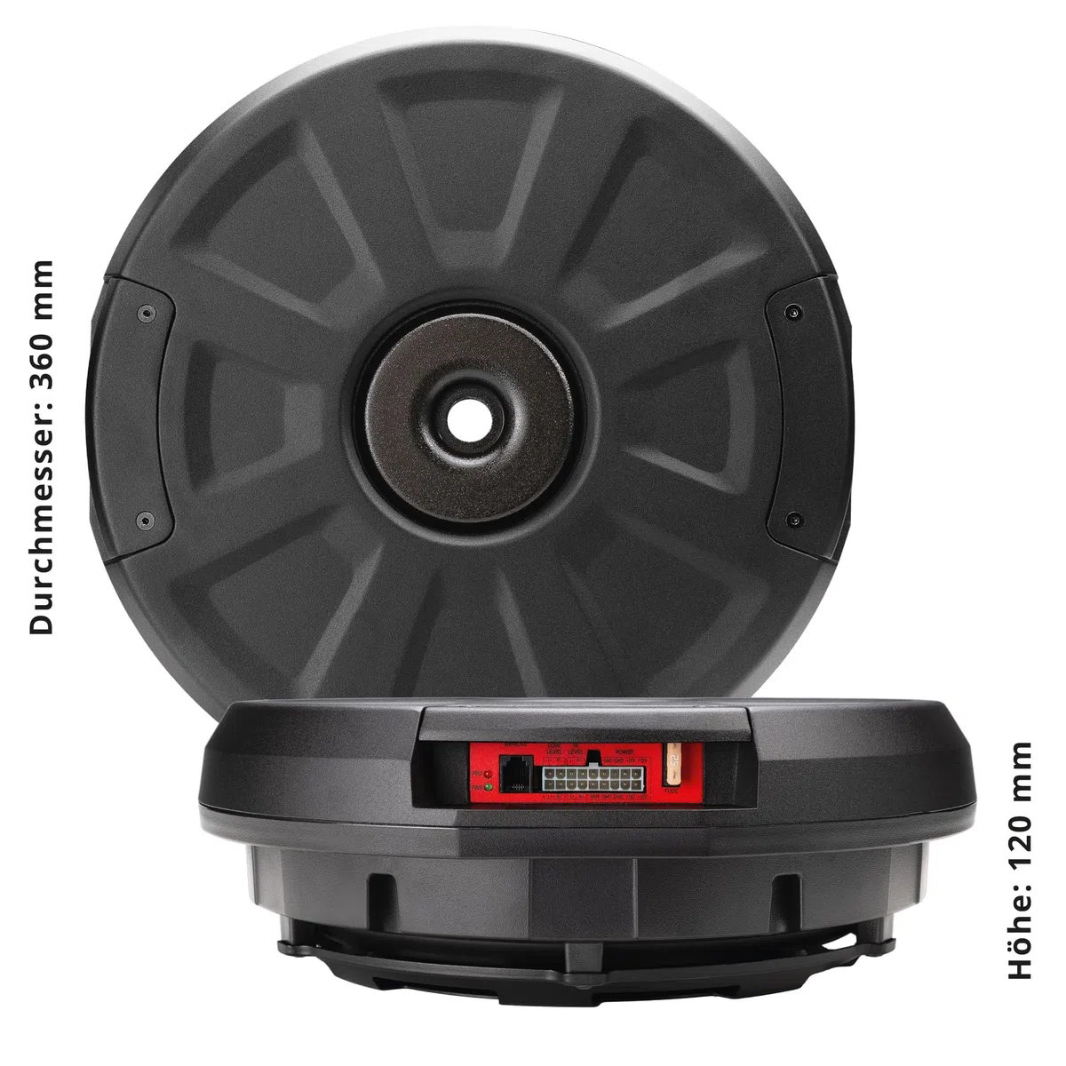 EMPHASER EBS111X - Subwoofer attivo da 28 cm per ruota di scorta, 300 W | Bassbox attivo da 11" per ruota di scorta o ruota di scorta, alloggiamento piatto in alluminio, solo 12 cm di altezza