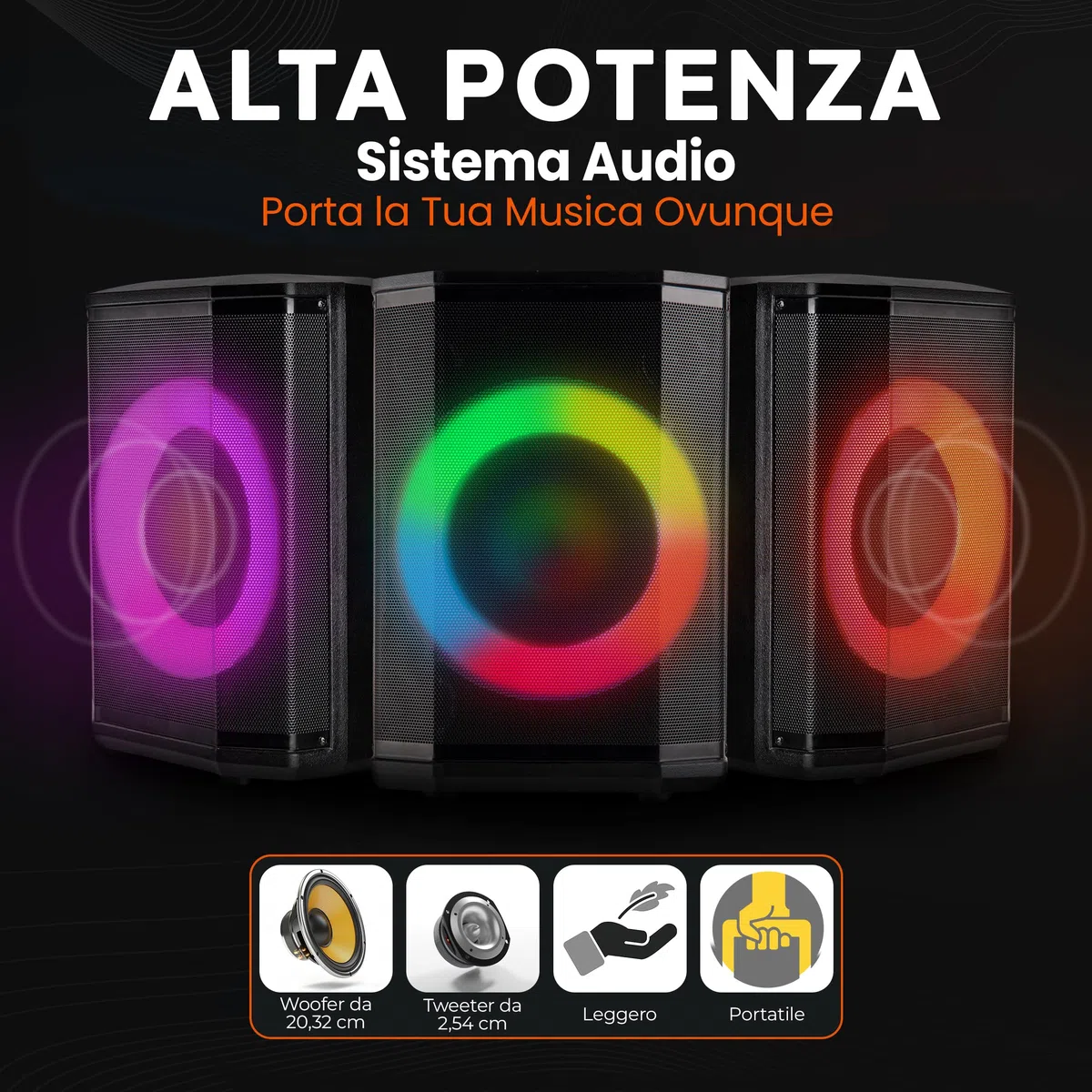 Pyle Cassa Bluetooth Potente, Altoparlante Bluetooth Portatile, Cassa Audio, Speaker, Woofer 20 cm, 120 Watt, Luci Colorate, TWS, Microfono, USB/Micro SD/FM, Tripod, Uso Interno/Esterno