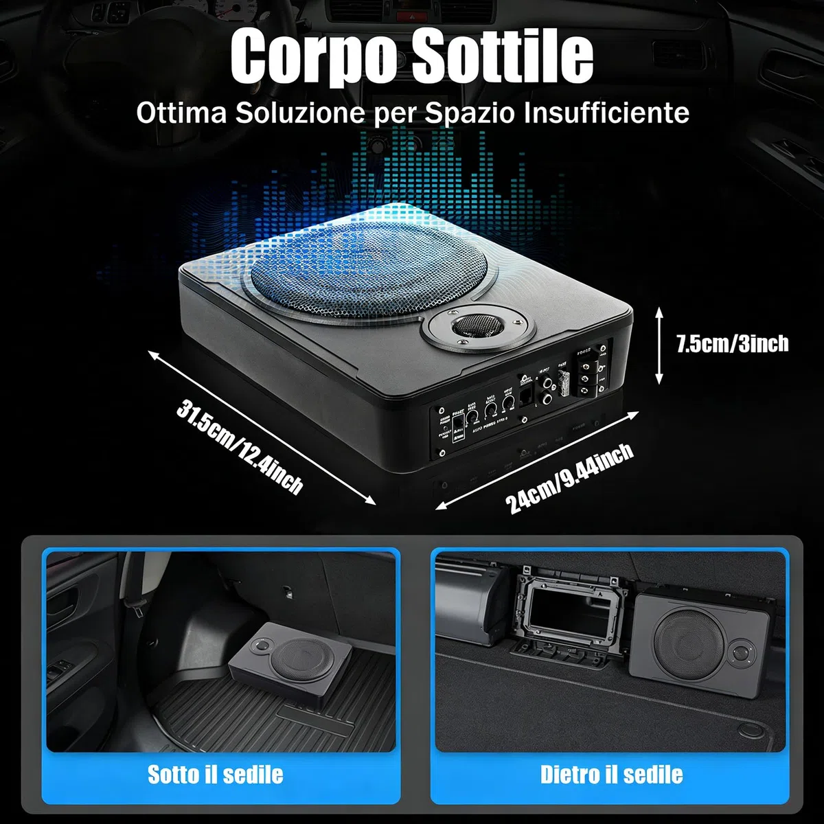 Subwoofer per auto da 8 pollici, 300W, compatto, amplificatore per auto con cavo remoto, altoparlanti attivi alti e subwoofer amplificatore,Con luce LED