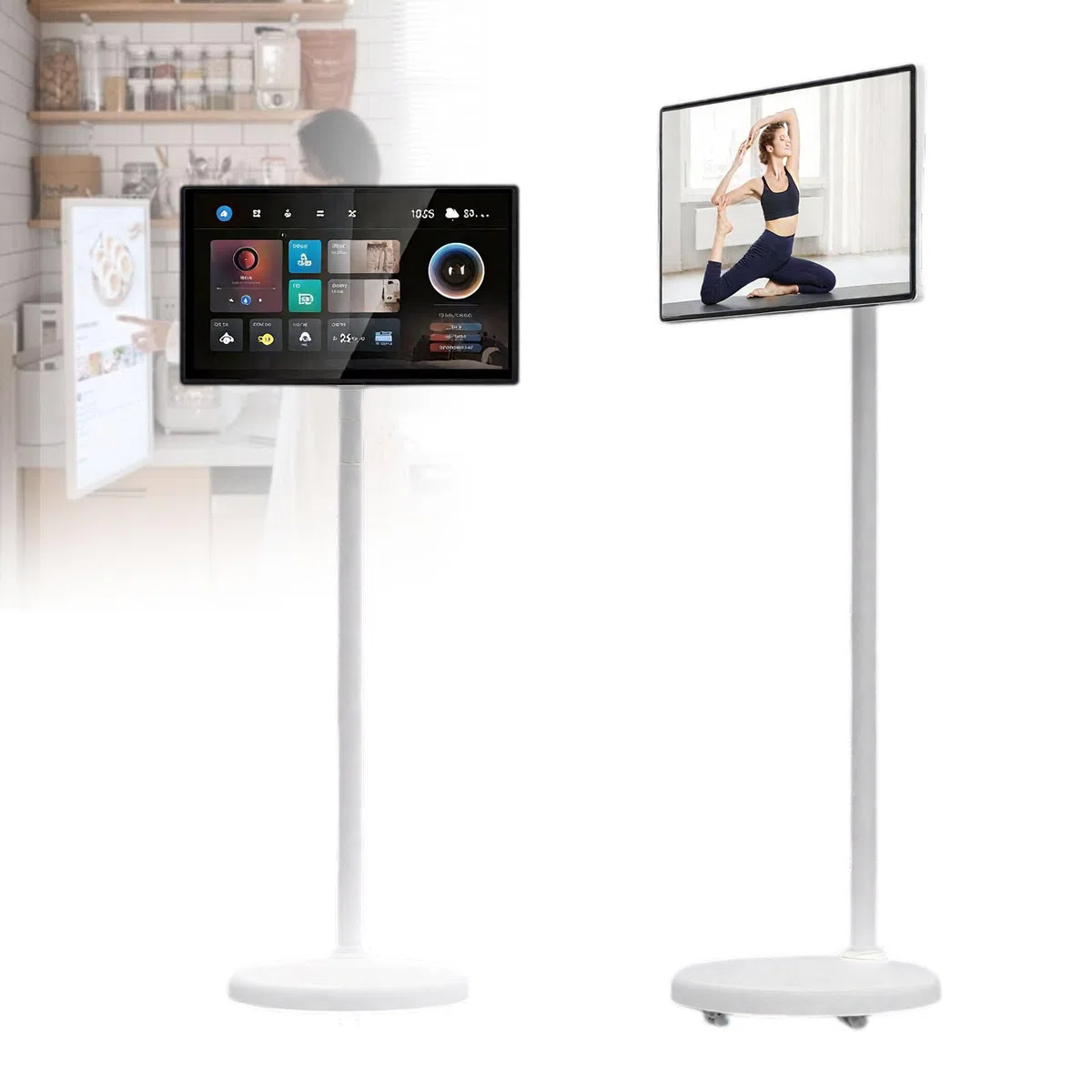 TV portatile 1080P su ruote, monitor touchscreen rotante con batteria integrata, mirroring wireless e base per una comoda visualizzazione