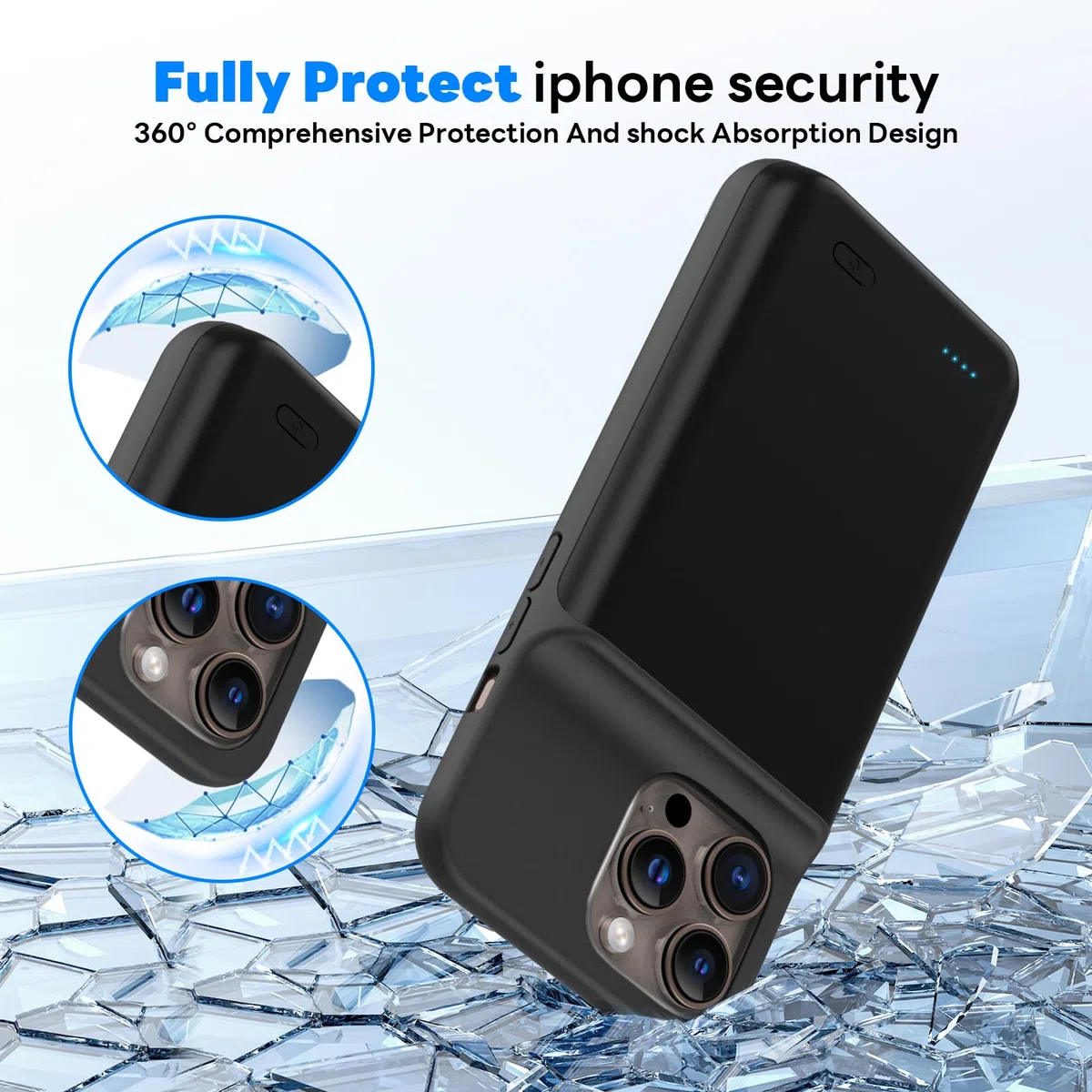 Custodia per batteria per iPhone 16 Pro Max (6,9"), 7000 mAh, ricaricabile, con protezione del carro armato, in vetro, con batteria aggiuntiva, colore nero