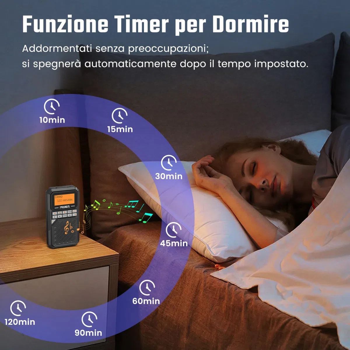 PRUNUS J-525 Radio Portatile AM/FM con Connessione per Auricolari Bluetooth, Mini Radiolina Ricaricabile da 2500 mAh, Radio Digitale con Jack per Cuffie, Slot per Scheda TF, Timer di Sonno.