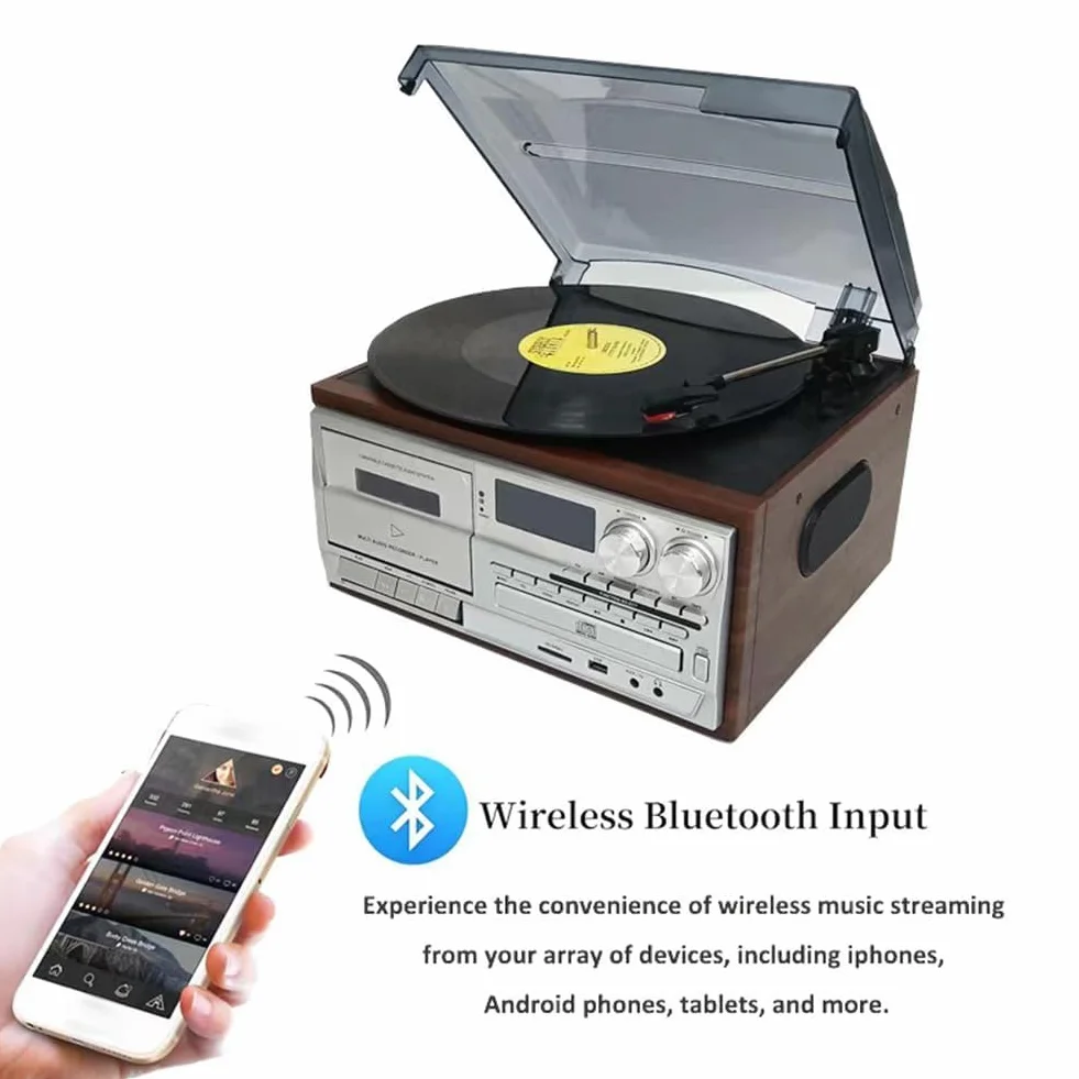 Giradischi Bluetooth 10 in 1 in vinile giradischi, lettore di cassette CD, 33/45/78 giri/min, altoparlanti integrati, pannello di controllo per l'intrattenimento domestico