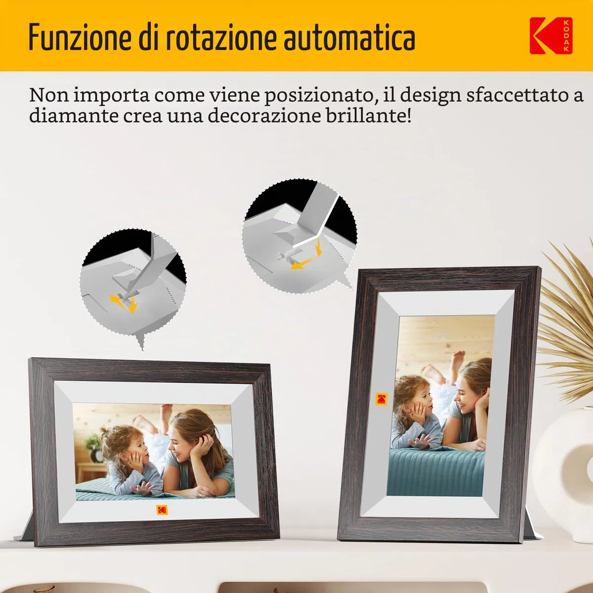 KODAK Cornice Digitale WiFi Cornice Foto Digitale, 7 Pollici HD IPS Touchscreen, Legno Cornici Elettronica con 32GB di Memoria, Portafoto Digitale Condivisione di Foto/Video via APP o Cavo di USB C