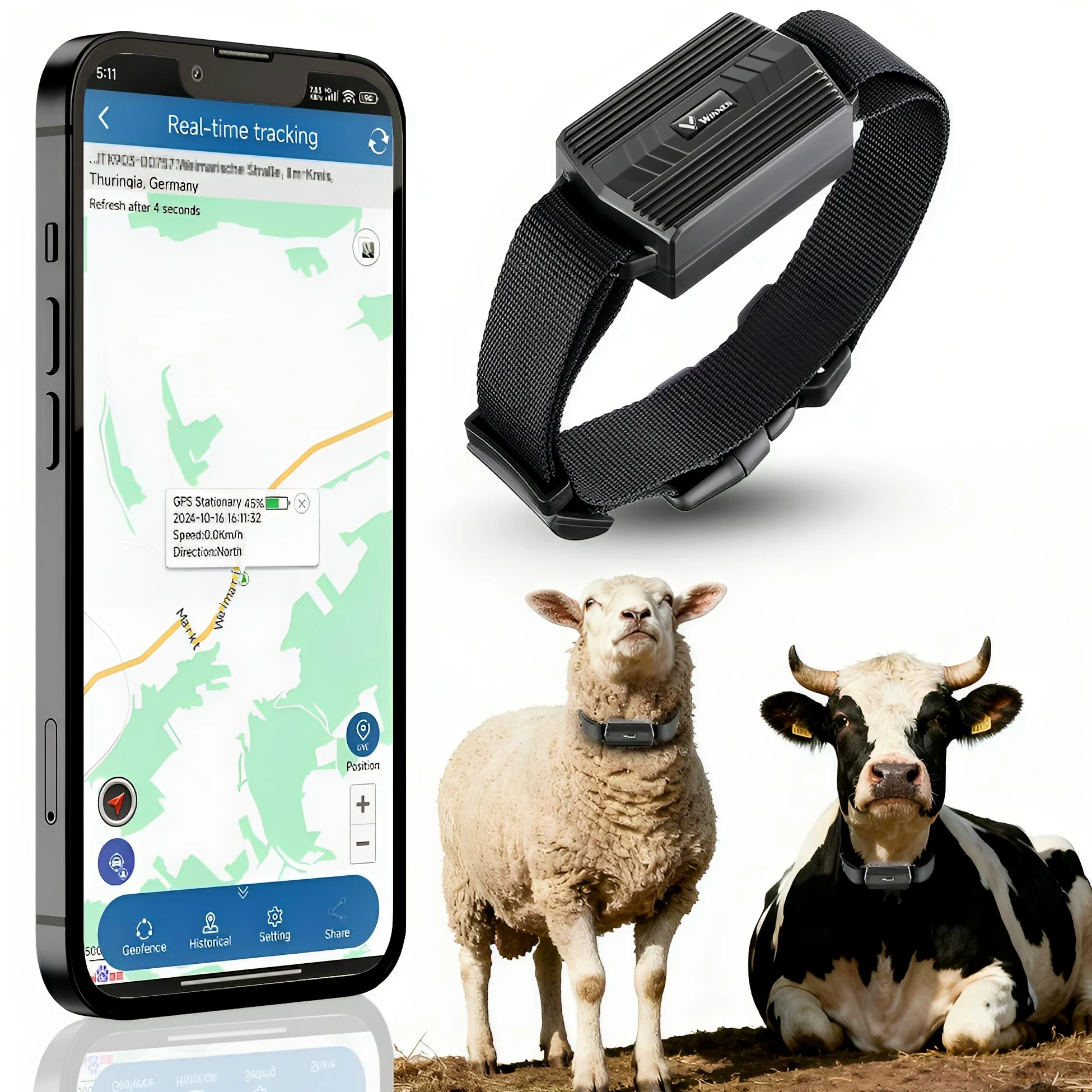 Winnes Localizzatore GPS con Colletto per Cani, Caccia, Mucca, Cavallo, Pecora, Cammello - IP66 Impermeabile, Portata Illimitata in Tempo Reale Senza Abbonamento per Grandi Animali (TK935)