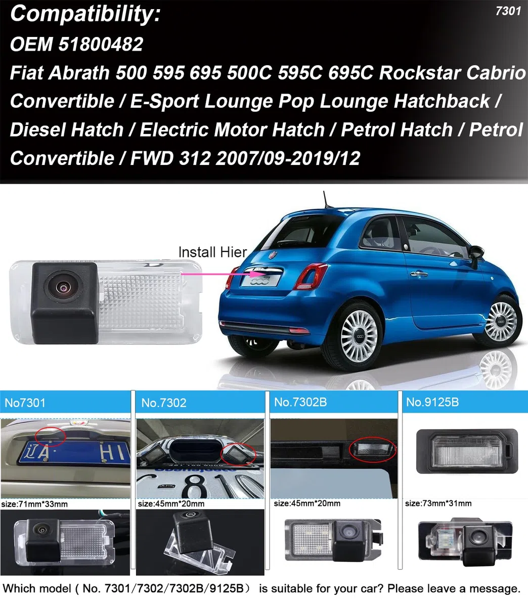 Auto Targa Posteriore Illuminata con Telecamera di Retromarcia Visione Notturna Sistema di Parcheggio Impermeabile per FIAT 500 twinair Abarth 500C 595C 695C 312C Linea 500X Telecamera CCD