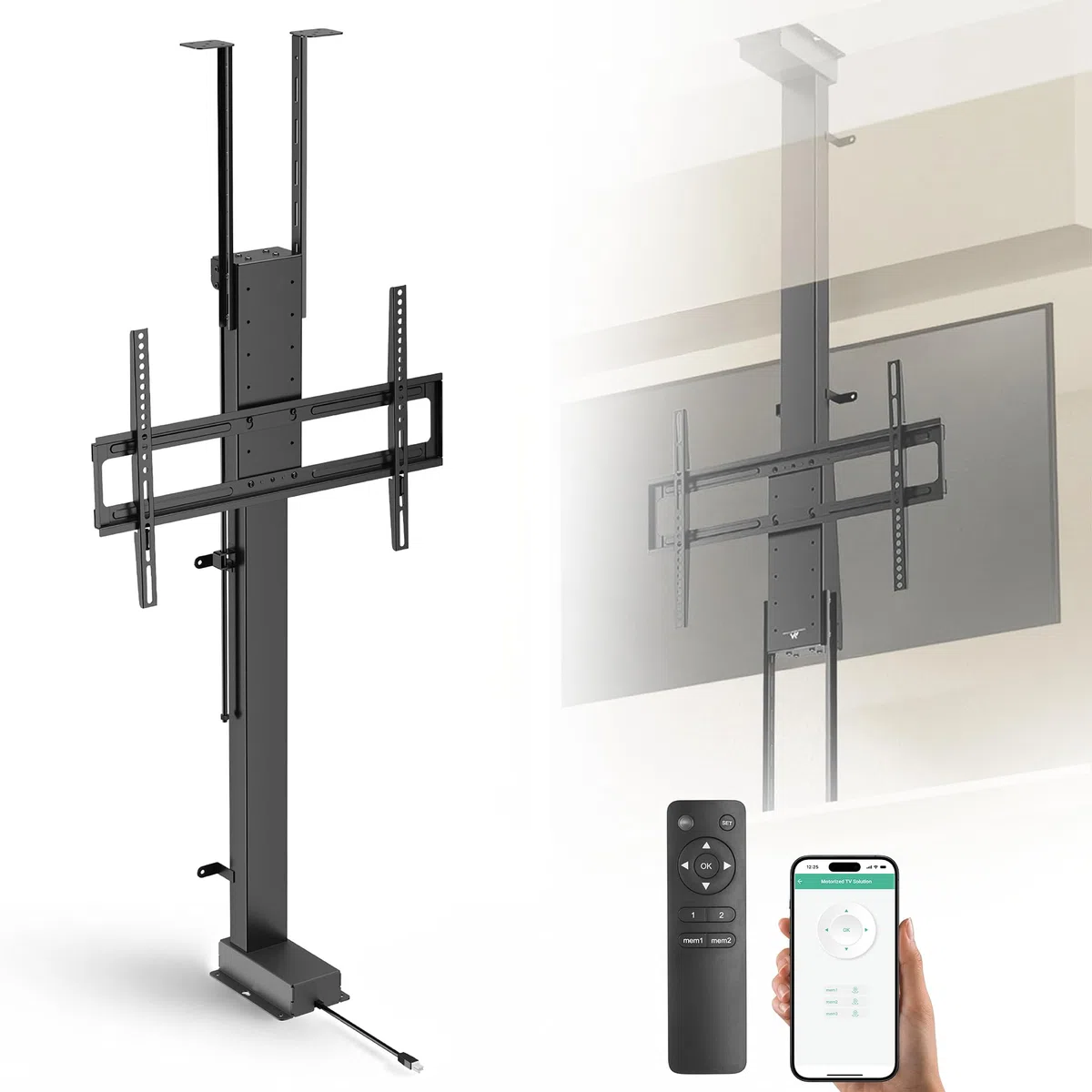 ynVISION.DESIGN Supporto motorizzato per TV da 43 a 88 pollici, distanza di viaggio da 47 pollici, telecomando RF e controllo vocale WiFi, installazione a pavimento/soffitto, max VESA 600 x 400