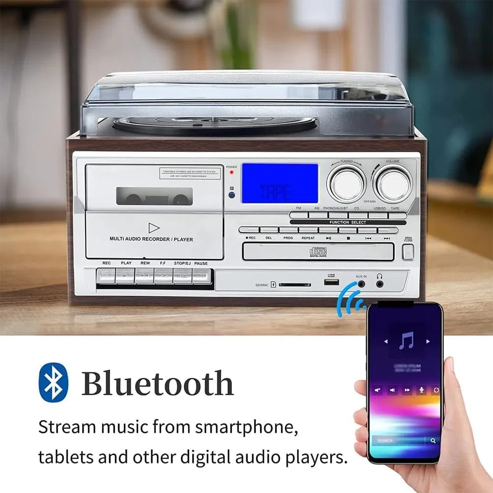 Lettore CD portatile con cassetta e radio FM, lettore di dischi Bluetooth retrò con altoparlanti integrati e batteria da 4000 mAh per ascoltare in movimento