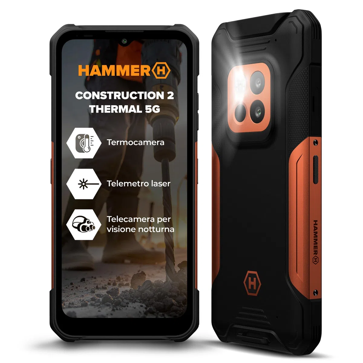 Hammer Construction 2 Thermal smartphone ultra-robusto IP69 con termometro e telemetro laser, 8+8 GB RAM, Android 14, potente fotocamera da 108 MP, batteria 6500 mAh con funzione power bank, 256gb/1T