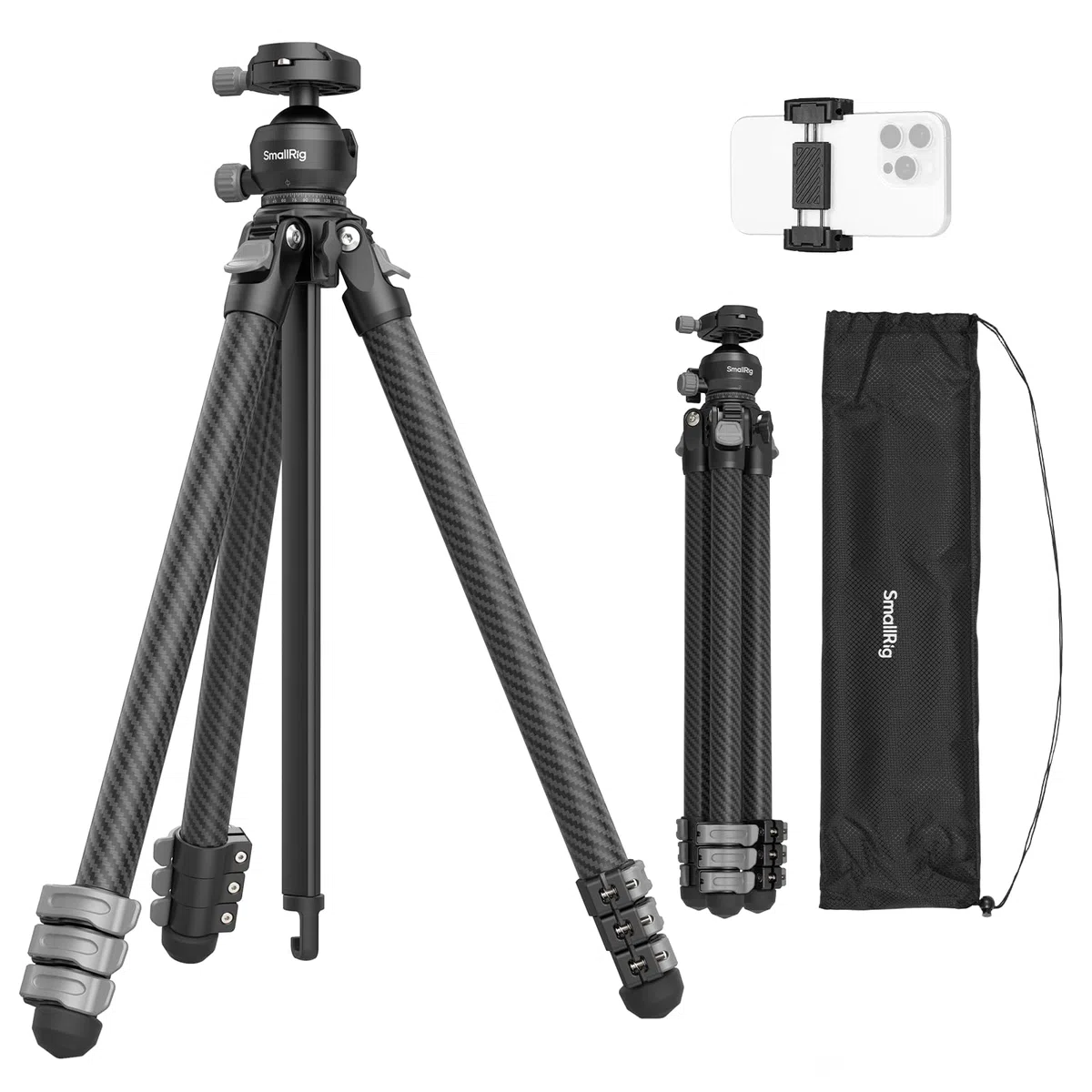 SMALLRIG Treppiede Fotografico Portatile in Fibra di Carbonio,Compatto da Viaggio, Portata 5 kg, Testa a Sfera Fluida con Inclinazione Verticale a 90°, Colonna Reversibile a 180° - 5876