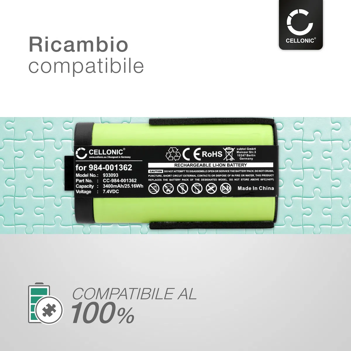 CELLONIC 1x Batteria per Altoparlante Compatibile con Ultimate Ears Boom 3, Compatibile con Logitech UE Boom 3, Ultimate Ears Boom 3, 084-000845 – (3400mAh, 7.4V)