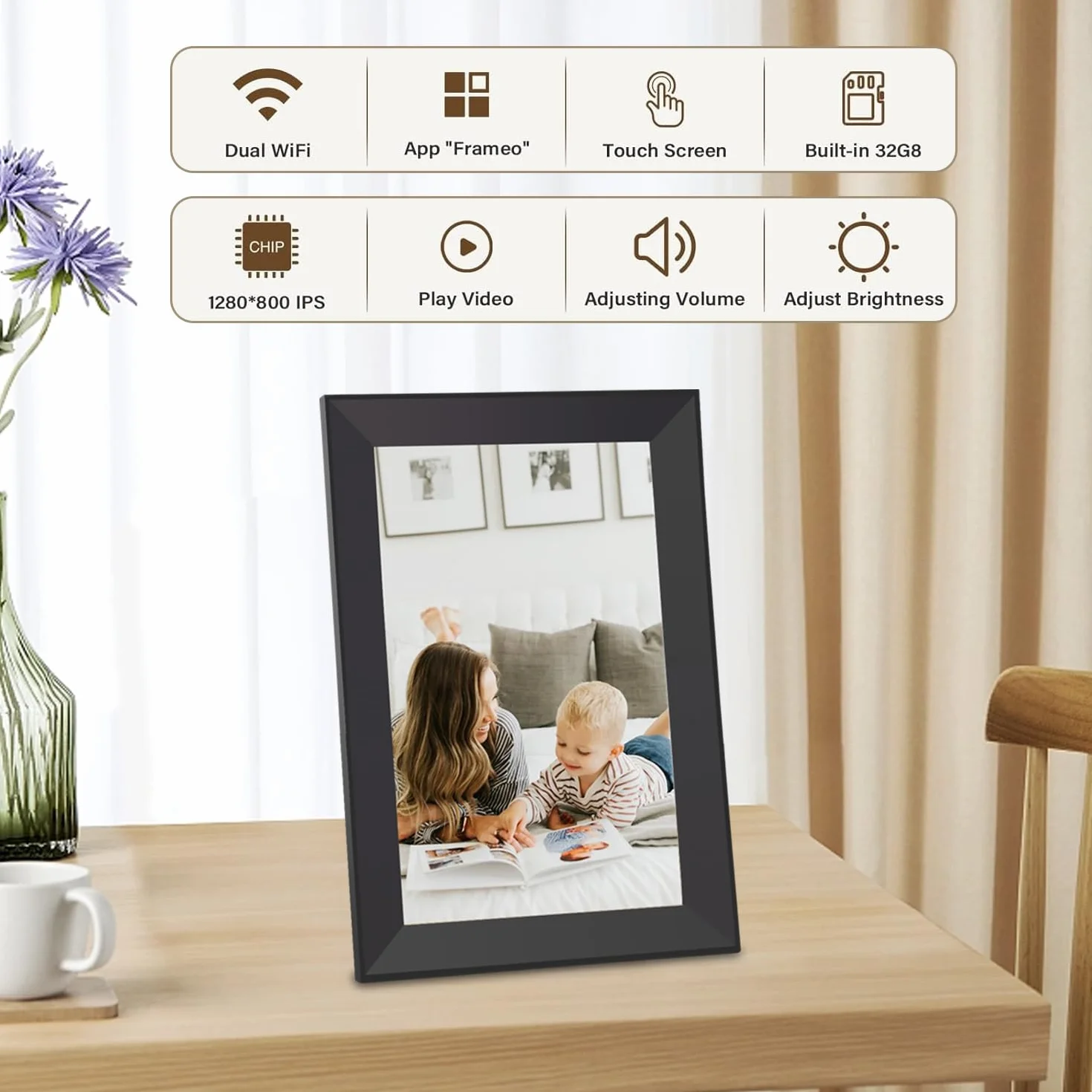 Hesmor Cornice Digitale Foto WiFi 10.1 Pollici 1280x800 32 GB Portafoto Digitale Schermo Tattile IPS LCD Frameo Cornice Foto Digitale Elettronica Rotazione Auto Condividi Foto e Video Tramite, Nero