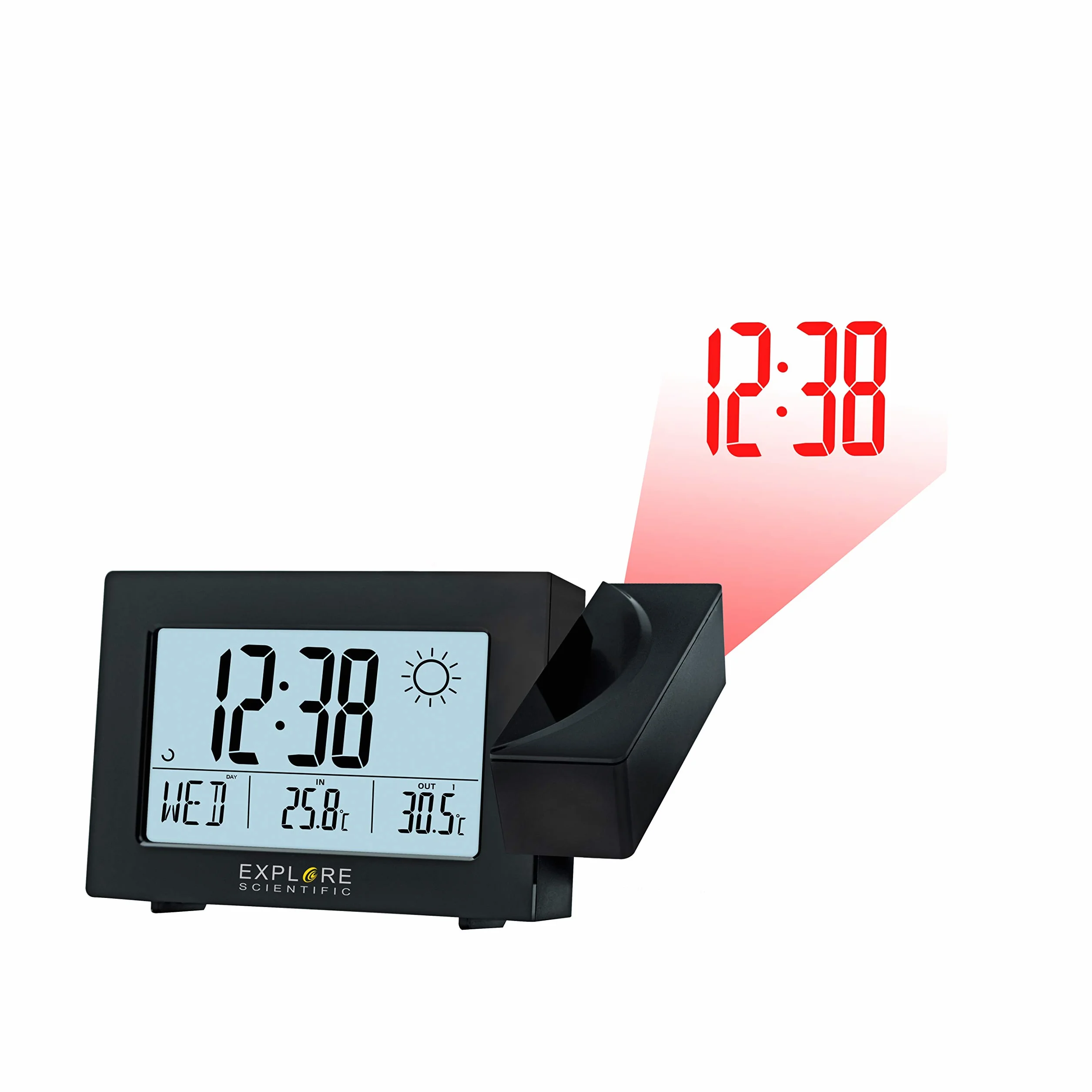 Explore Scientific RPW3008, Orologio a proiezione con ora radiocomandata e previsioni metero, Doppio allarme, Porta USB per ricaricare il telefono, Sensore per temperatura interna incluso, Nero