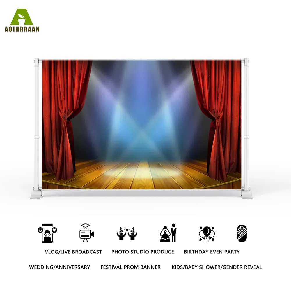 Aoihrraan 3x2,5m Teatro Palco Fondale Rosso Tende Rustico Legno Piano Faretti Fotografia Sfondo Talento Performance Spettacolo Premio Cerimonia Festival Celebrazione Banner Foto Studio Prop