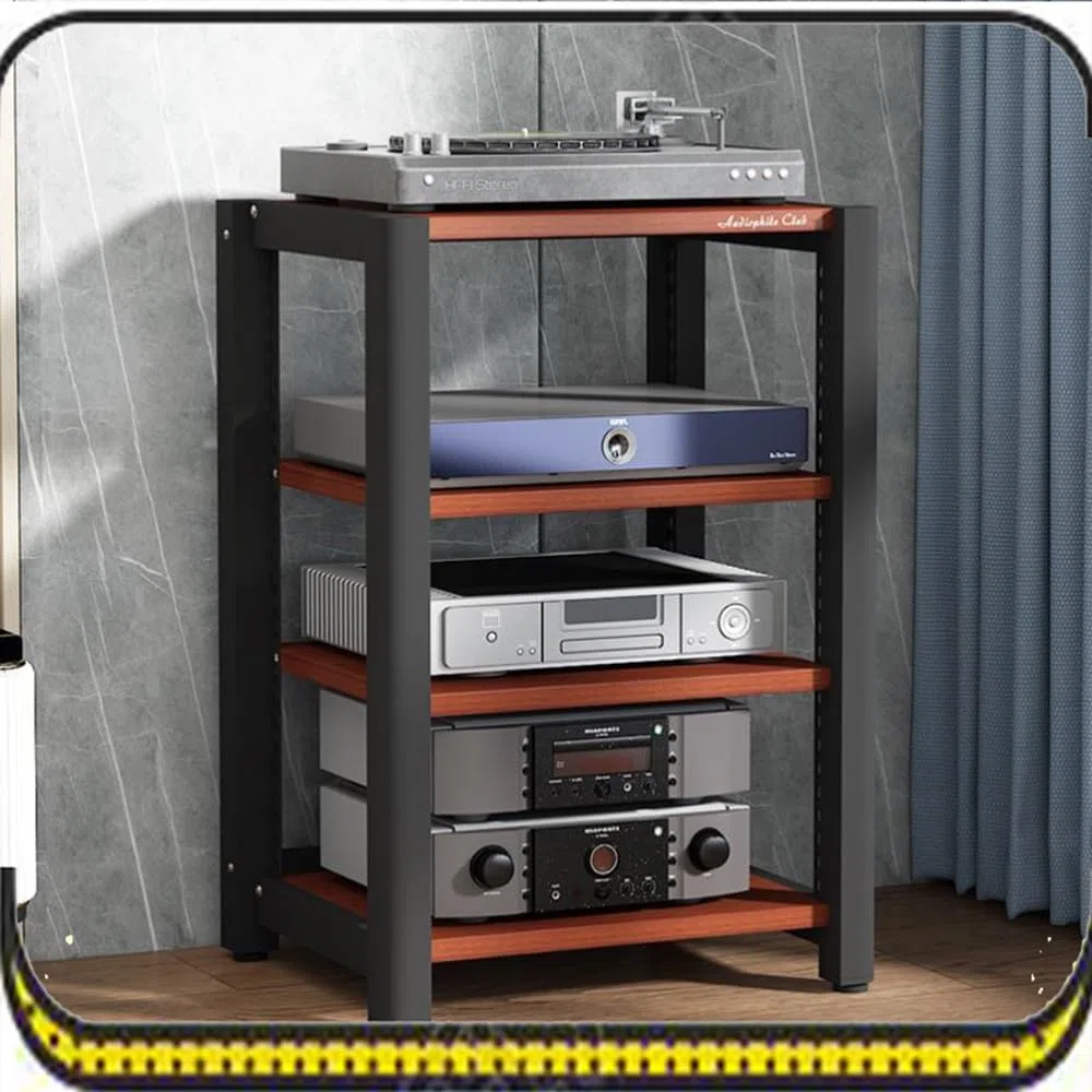 Scaffale in legno e acciaio, supporto multimediale regolabile, torre audio a 4 livelli, scaffale per lettore CD, armadio stereo da pavimento, design moderno in teak per home theater e sistemi audio