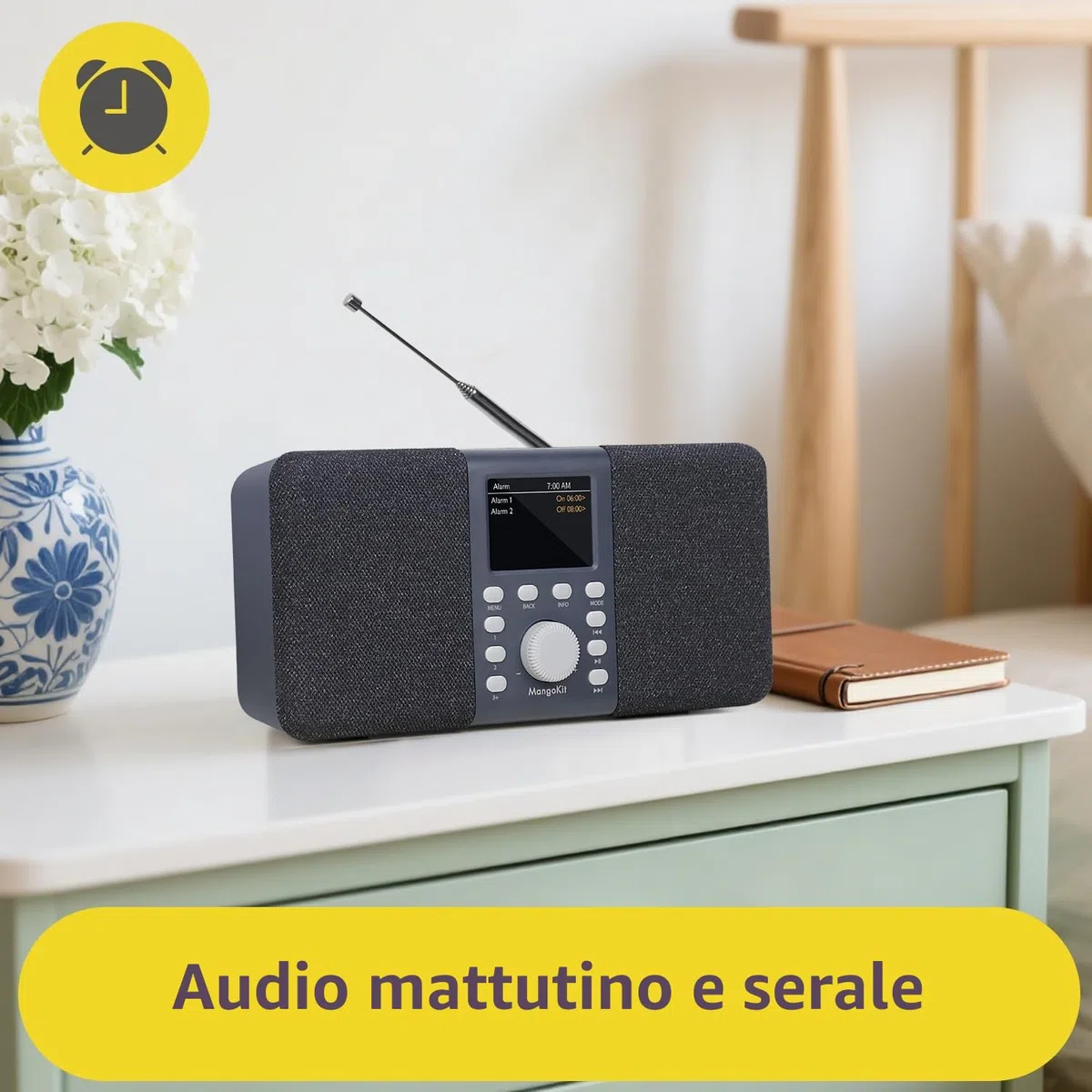 MD5 DAB stereo con altoparlante Bluetooth,digitale DAB+,radio FM da alimentata a rete e a batteria,display a colori,40stazioni preimpostate,sveglia e orologio,Snooze,porta cuffie-grigio scuro