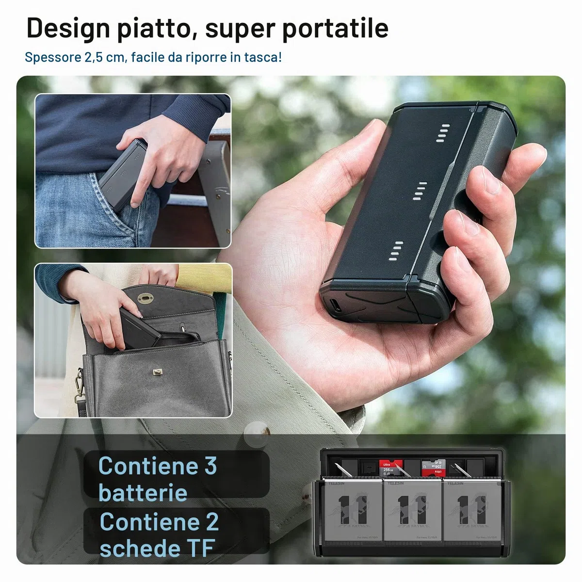 TELESIN Caricabatteria Tascabile per GoPro Hero 12 11 10 9, Ricarica Rapida, Design Portatile, 3 Slot, 2 Memorie per Schede TF, Compatibile con Batterie Enduro e Standard, Accessori