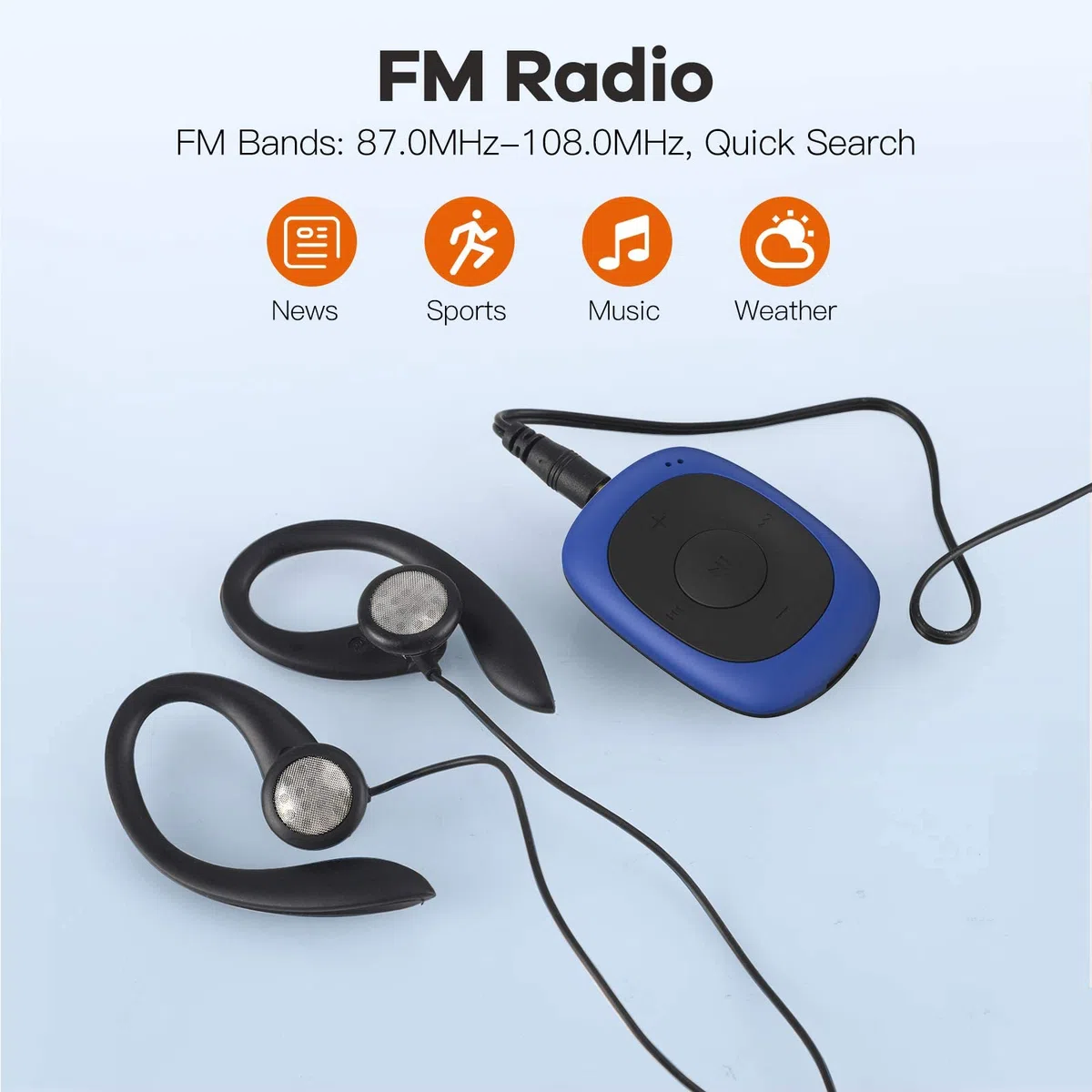 AGPTEK 64GB Lettore MP3 con Clip, Lettore MP3 Sportivo Portatile con Radio FM e Riproduzione Casuale di Musica Mini Lettore Musicale per la Corri con Guscio in Silicone e Cuffie Cablate, Blu