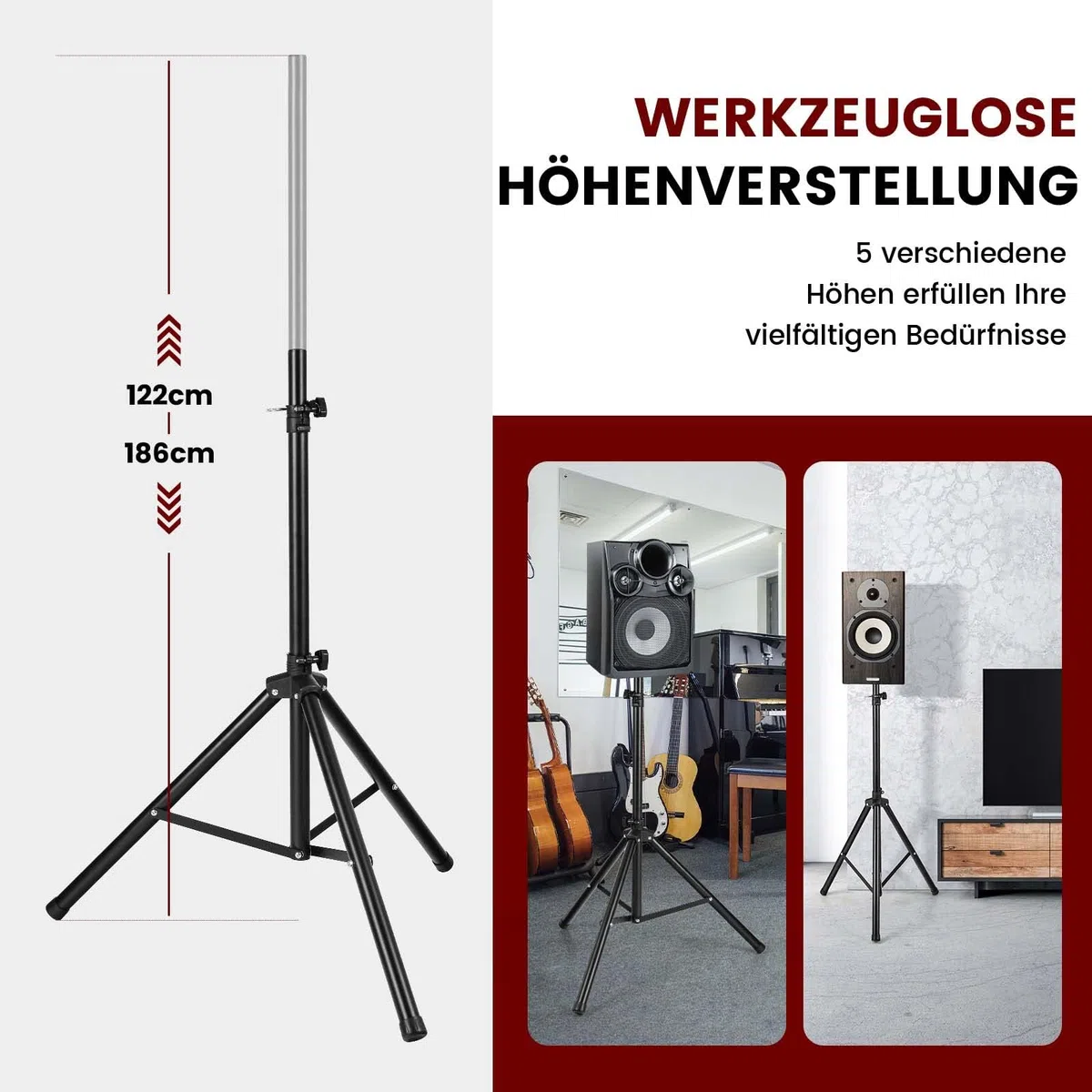 FANTASK Treppiede per boxe, supporto per altoparlanti, regolabile in altezza da 122 a 186 cm, portata fino a 50 kg, per sala musica, sale conferenze, studio, 186 L x 35 B x 186 cm, nero