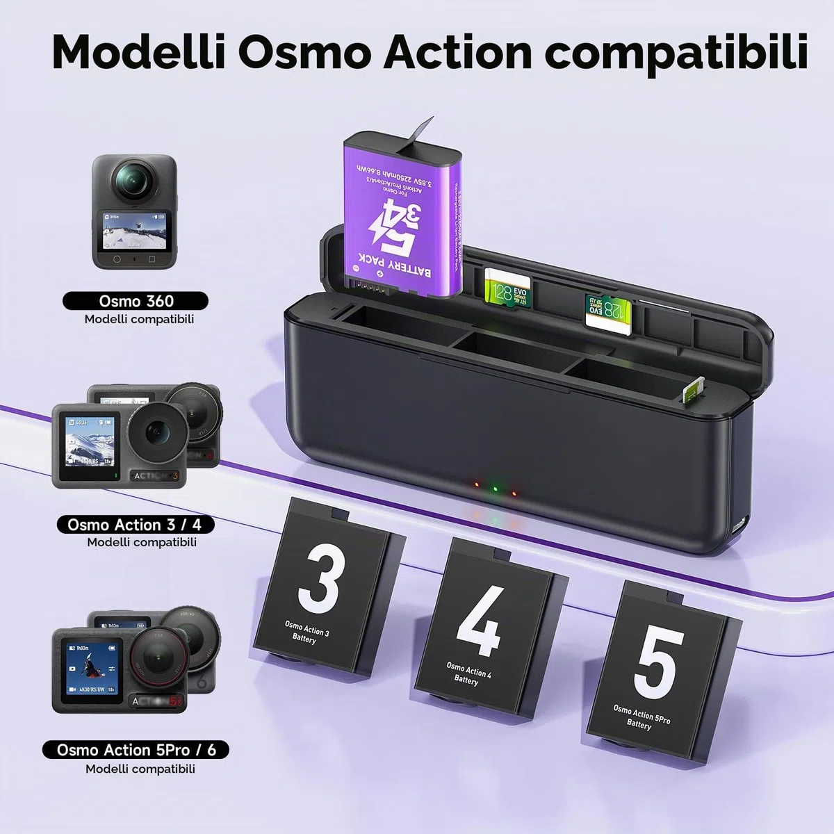 2250mAh Osmo Action 5 Pro Batteria Con Caricabatterie Per DJI Osmo 360/Action 6/Action 5 Pro/Action 4/Action 3, 3-channel Caricabatterie e custodia di ricarica rapida USB con cavo di tipo C