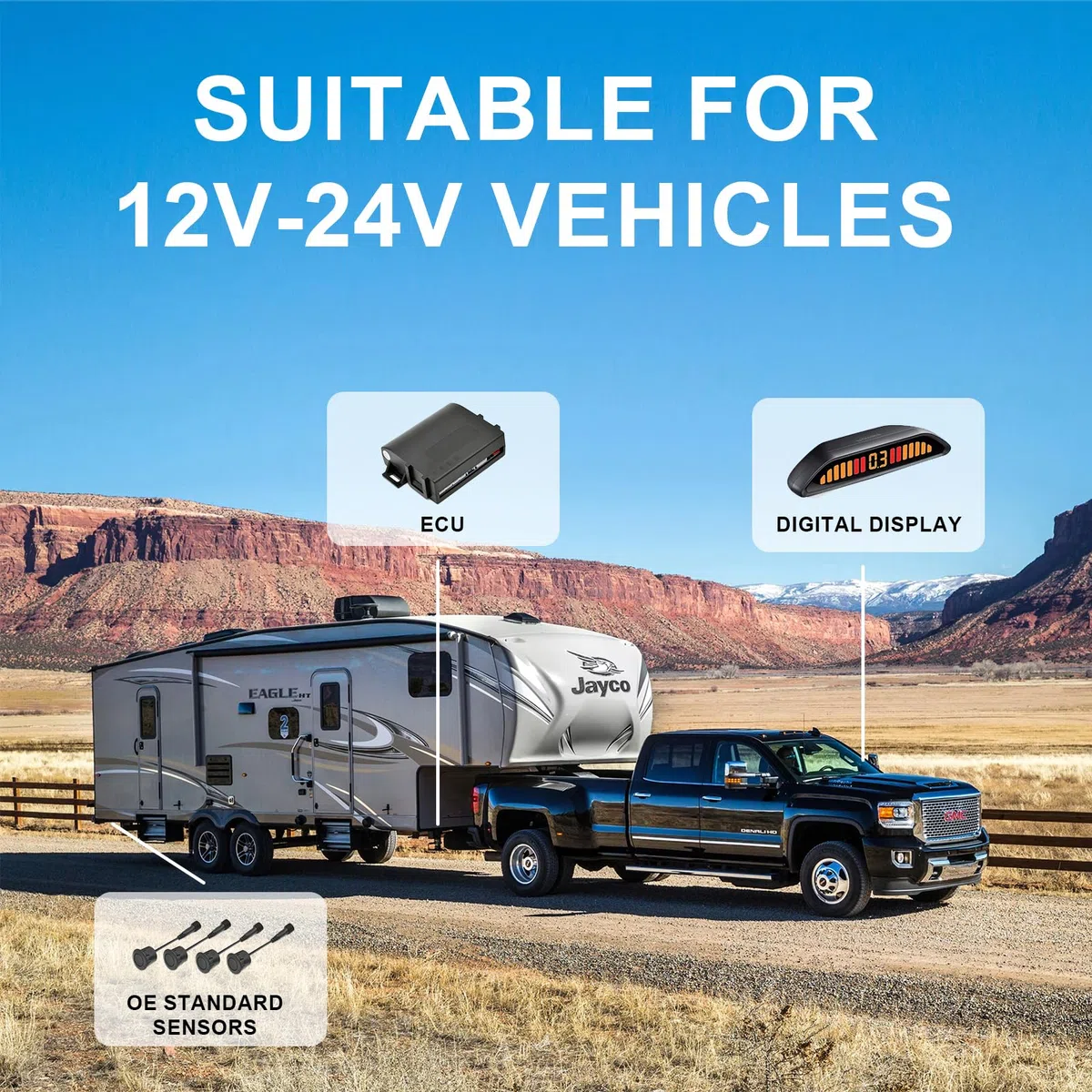 Promata PSW-81 - Sistema radar di retromarcia da 12 V 24 V, kit di parcheggio wireless con 4 sensori da 58 Hz per auto, camion, rimorchio, display capovolto con volume di allarme regolabile