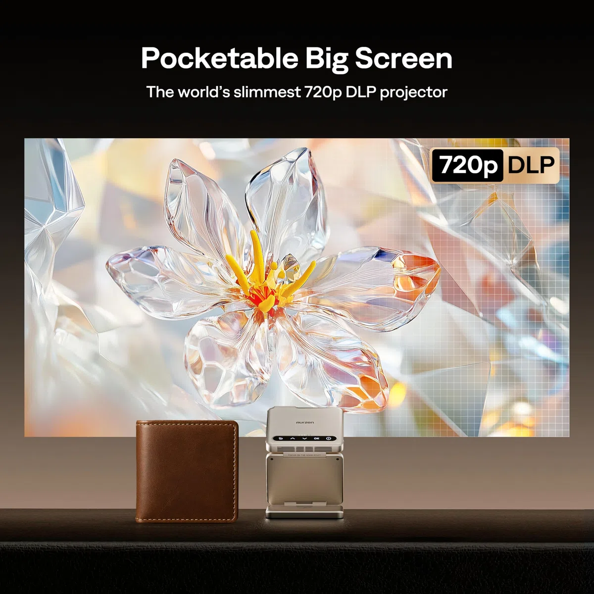 Aurzen ZIP Tri-Fold Mini Proiettore, 4K Supportato Smart Proiettore Tascabile Portatile, Messa a Fuoco Automatica & Correzione Keystone, 5000mAh, Bluetooth 5.4, per Smartphone/HDMI/USB - Oro