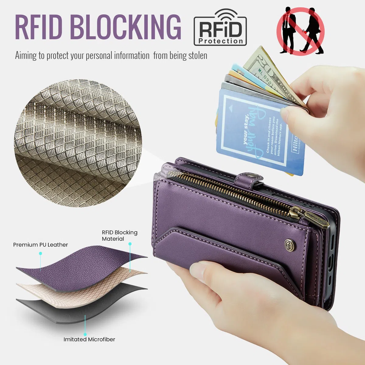 Dteck Custodia a portafoglio per iPhone 16 2024, con tracolla e cordino da polso, blocco RFID, slot per carte e tasche, custodia protettiva in pelle PU con funzione borsa/supporto, viola