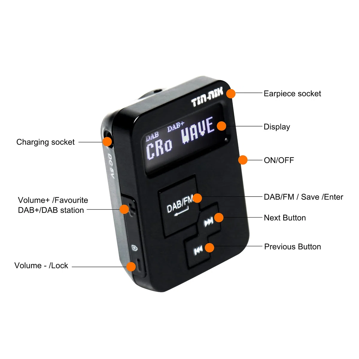 Tin-Nik DAB-379 - Radio Digitale Portatile DAB+/FM Mini - Pocket DAB per Sport, Passeggiate, Corsa o Ciclismo, Batteria Ricaricabile, Auricolari Stereo Inclusi