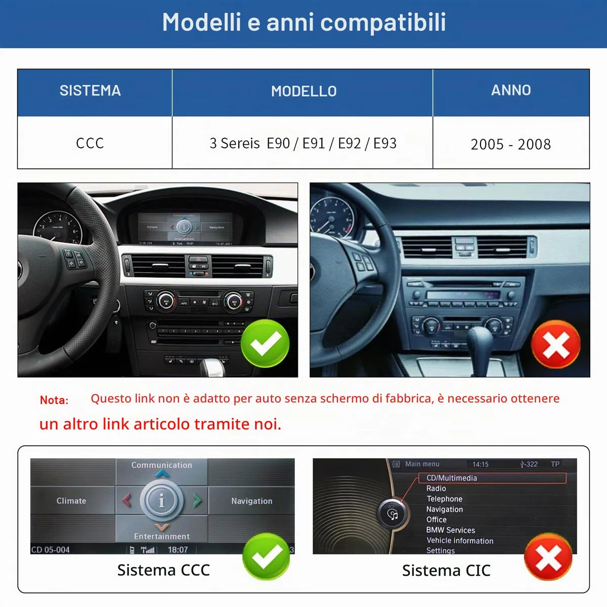 Road Top Autoradio CarPlay 12,3" per BMW Serie 3 E90 E91 E92 E93 con CCC | 2005-2008, Schermo Touchscreen ultrasottile Linux HD IPS, CarPlay senza fili, Android Auto, MirrorLink, Navigazione