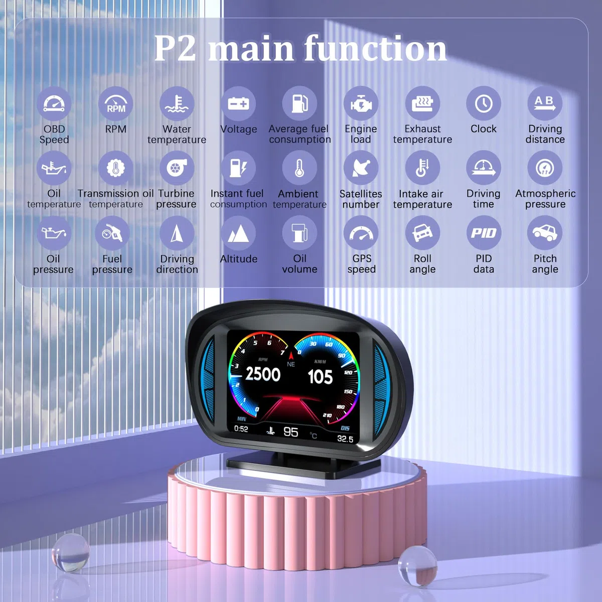 P2 HUD Car Head Up Display, tachimetro intelligente GPS con allarme di velocità eccessiva voltmetro avvertimento, HUD OBD2 plus GPS Dual System, applicabile a tutte le