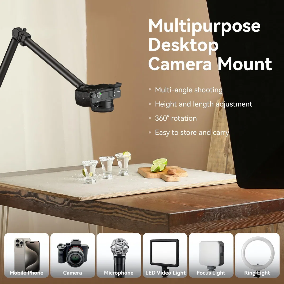 SMALLRIG Staffa per Fotocamera da Tavolo Live, Supporto da Tavolo per Telecamera Sopraelevata con Braccio Flessibile Staccabile, Morsetto a C da Tavolo per Fotografia Videografia dal Vivo - 4456