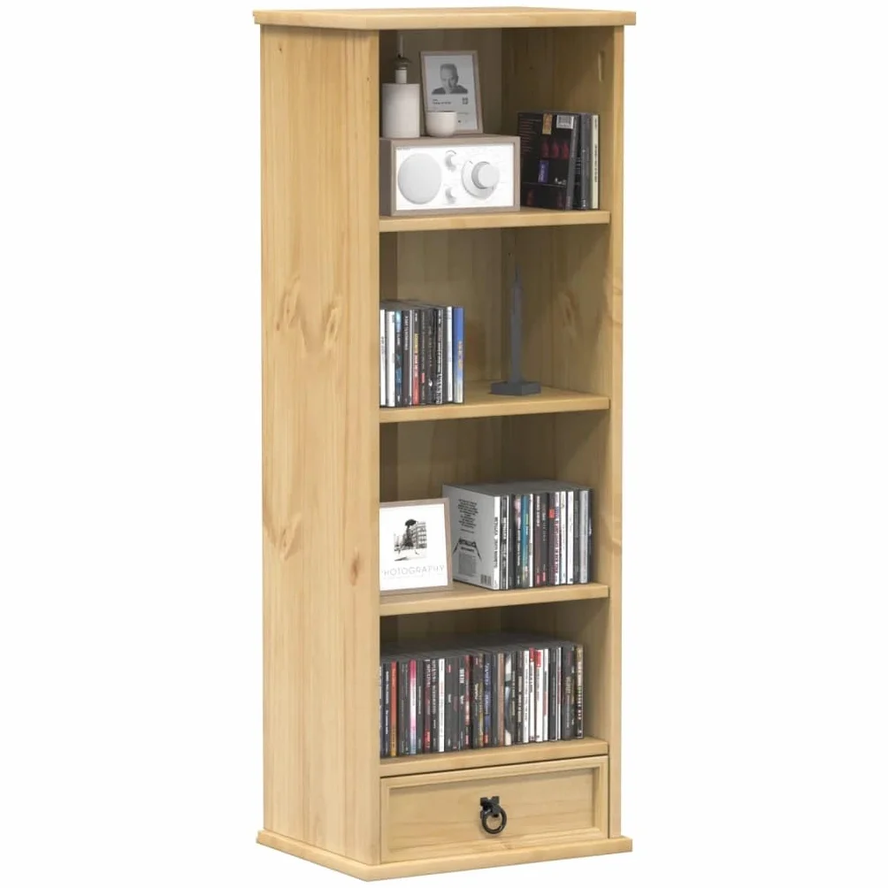 Gecheer Mobile Porta CD, Scomparti Aperti e Cassetti per Organizzazione Dischi, 40x30x110 cm, in Legno Massello di Pino con Finitura Cerata Ambra, Mobile Multifunzionale per Soggiorno Ufficio Studio