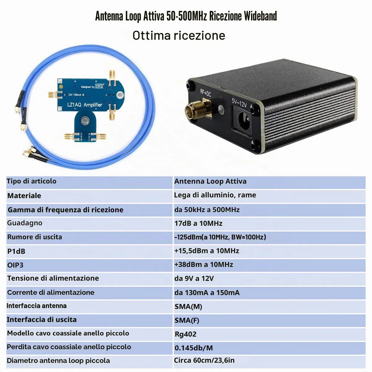 AURSINC Portable Active Loop Antenna - Antenna a onde corte 50 KHz-500 MHz HF AM FM VHF UHF Antenna di ricezione a loop magnetico per radio amatoriale (amplificatore migliorato)
