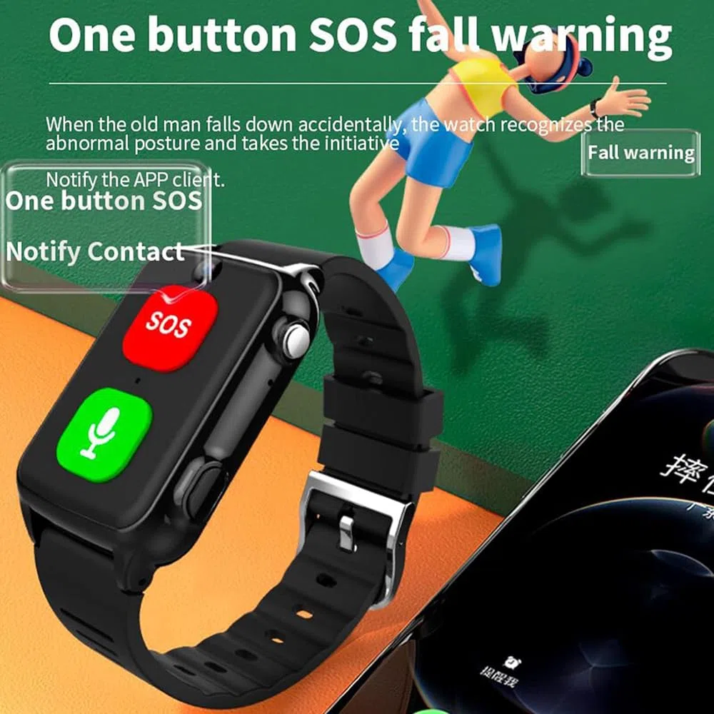 Braccialetto per chiamate di emergenza, impermeabile, 4 G, con fotocamera, pulsante SOS, promemoria caduta, cardiofrequenzimetro, per Alzheimer e demenza