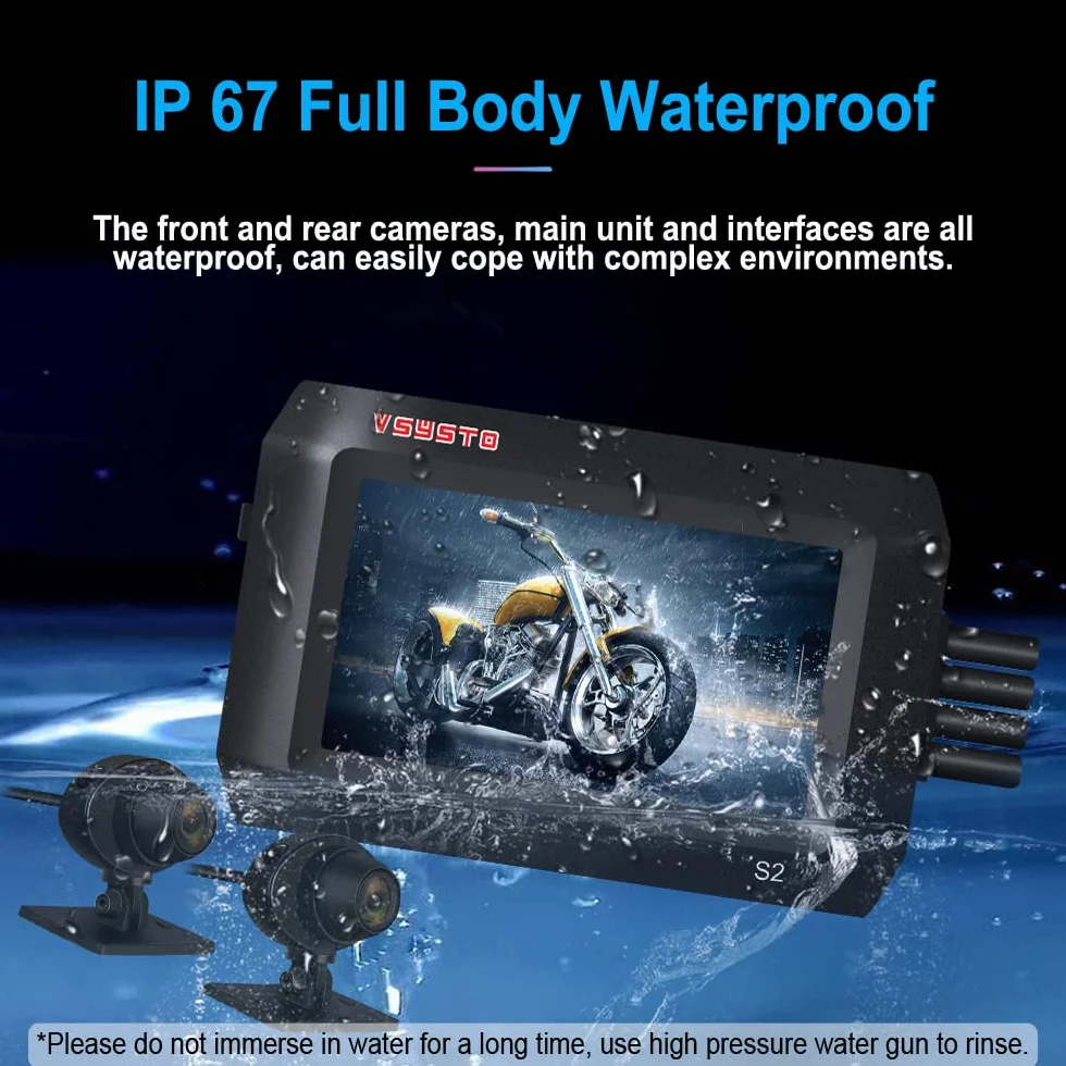 VSYSTO 3 pollici moto dash cam IPS schermo ad alta definizione WiFi GPS di monitoraggio automatico di parcheggio off/on visione notturna impermeabile doppia 1080P anteriore e posteriore