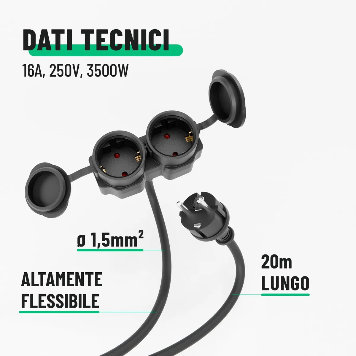 greate Prolunga elettrica da 20 metri con 2 prese - Spina elettrica impermeabile IP44 per estern - Presa shuko 3500W - Prolunghe elettriche, cavo prolunga elettrica, prolunga 16A