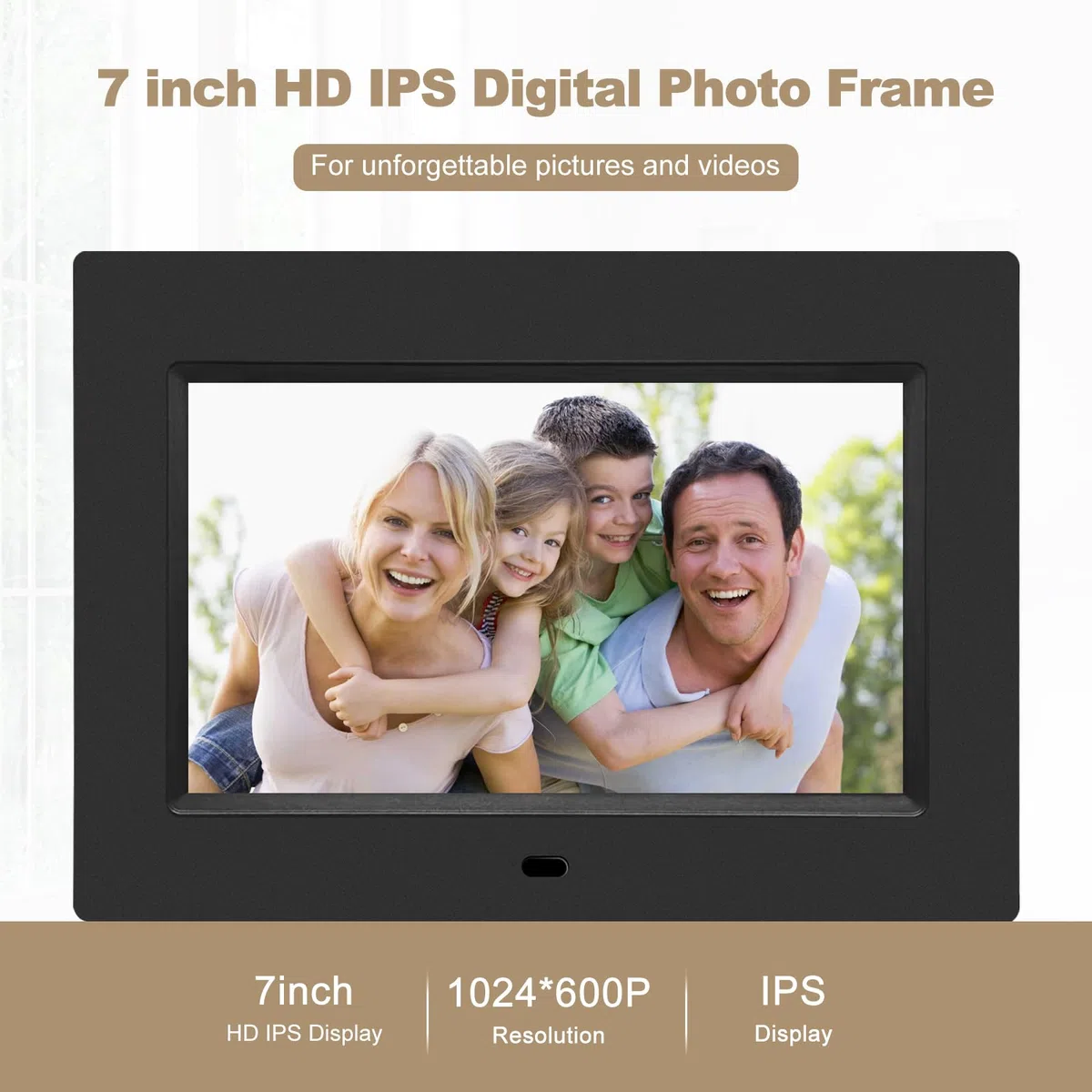 Cornice per foto digitale, 7 pollici, display IPS completo, cornice elettronica, video, riproduzione musicale, calendario, sveglia, con telecomando, slot per schede USB/SD (non WiFi)
