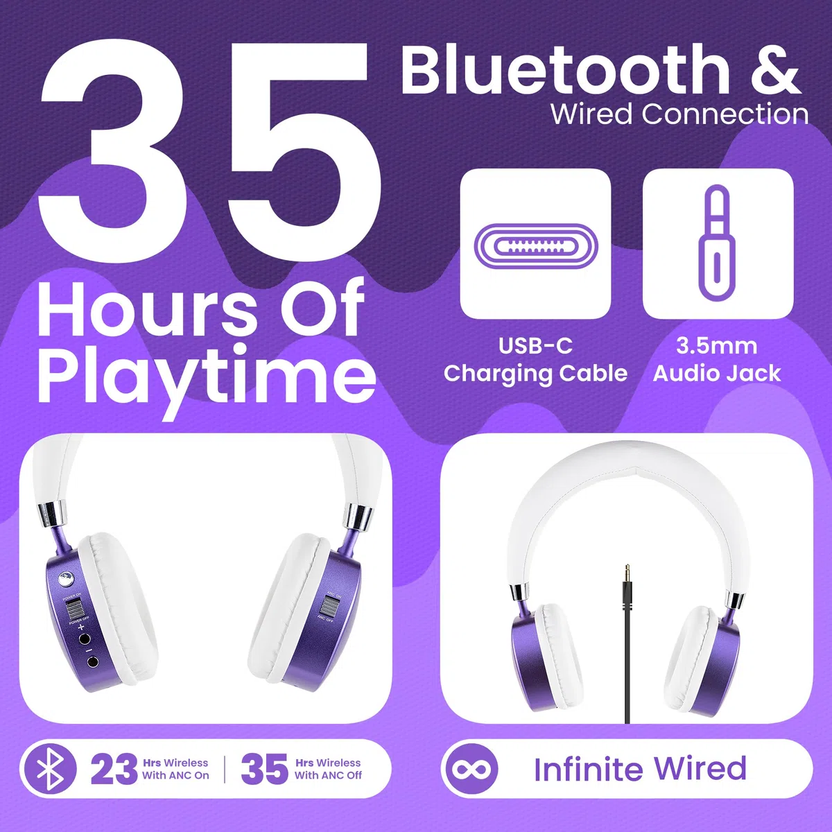 Puro Sound Labs PuroQuiet Plus, cuffie Bluetooth ANC per bambini, con microfono e suono sicuro, qualità studio (viola)