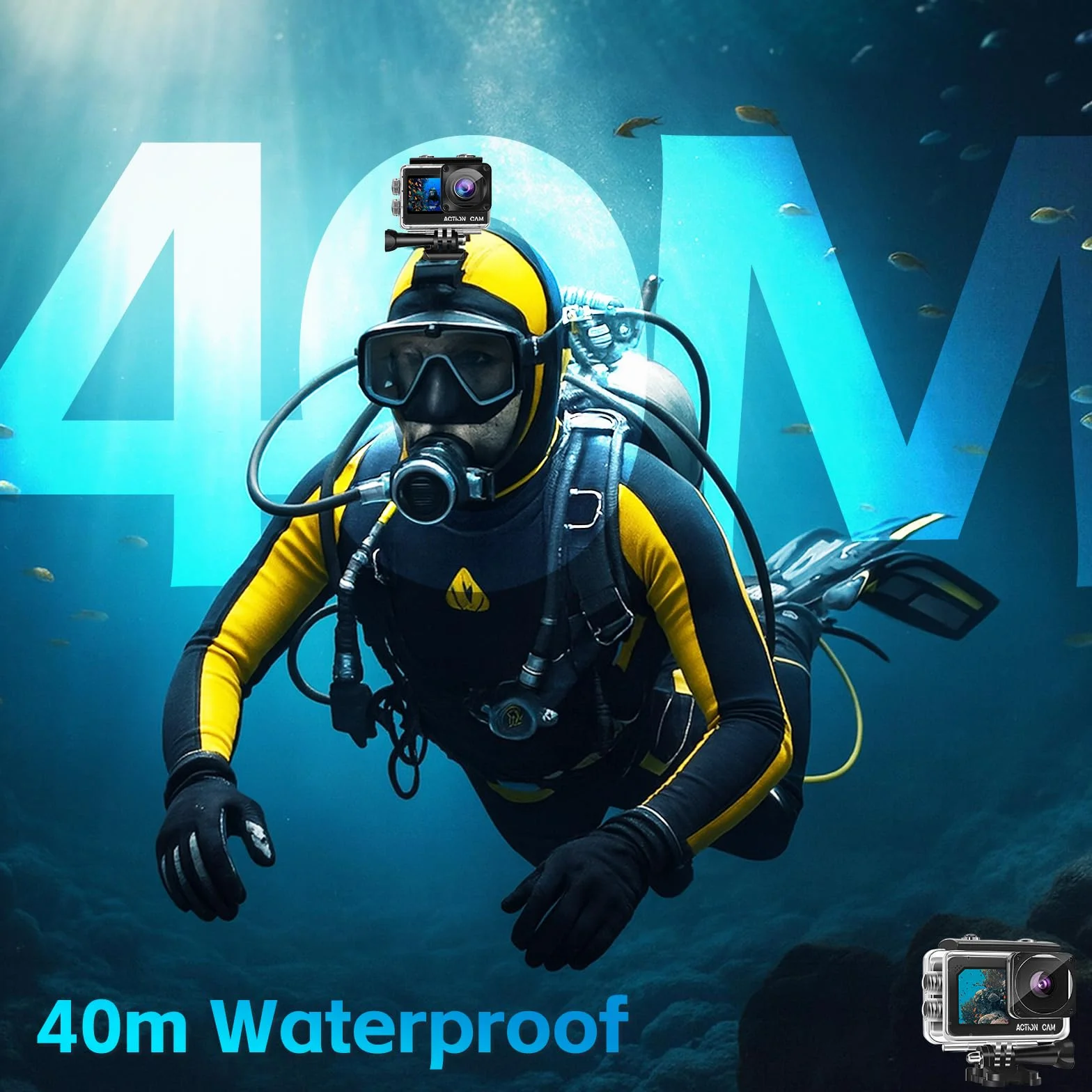 Dual Screen Action Cam FHD 1080P, fotocamera subacquea impermeabile fino a 40 m, action camera con 2 batterie ricaricabili da 1050 mAh e set di accessori