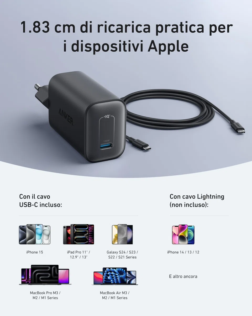 Anker Nano Caricatore USB C 100W, per iPhone 17 Pro Max Air/16/15, Galaxy e tutti i Dispositivi USB-C(cavo USB-C da 1.8 m incluso)