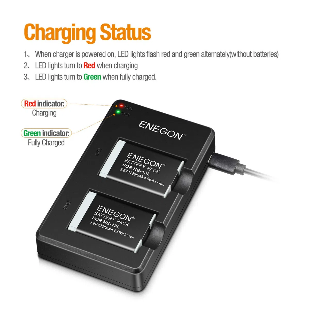 ENEGON Batteria Di Ricambio NB-13L (2-Pacco) e Doppio Caricatore per Fotocamere Canon PowerShot G5X,G5X Mark II,G7X,G7 X Mark II/III,SX720 HS,SX730 HS,SX740 HS,SX620 HS,G1 X Mark III,G9 X,G9X Mark II