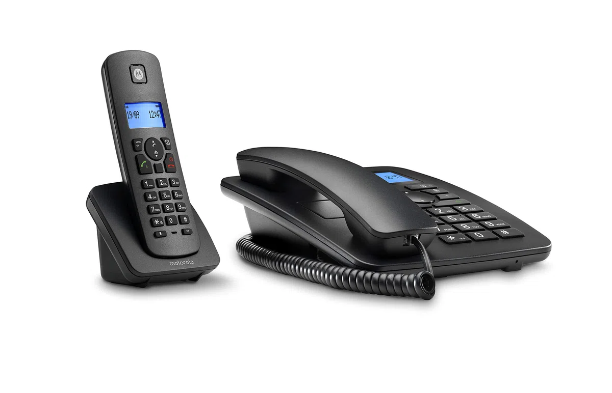 Motorola Voice - C4201 Telefono con filo con terminale cordless digitale, modalità di emergenza, trasferimento di chiamata, schermo retroilluminato, rubrica con 50 nomi e numeri