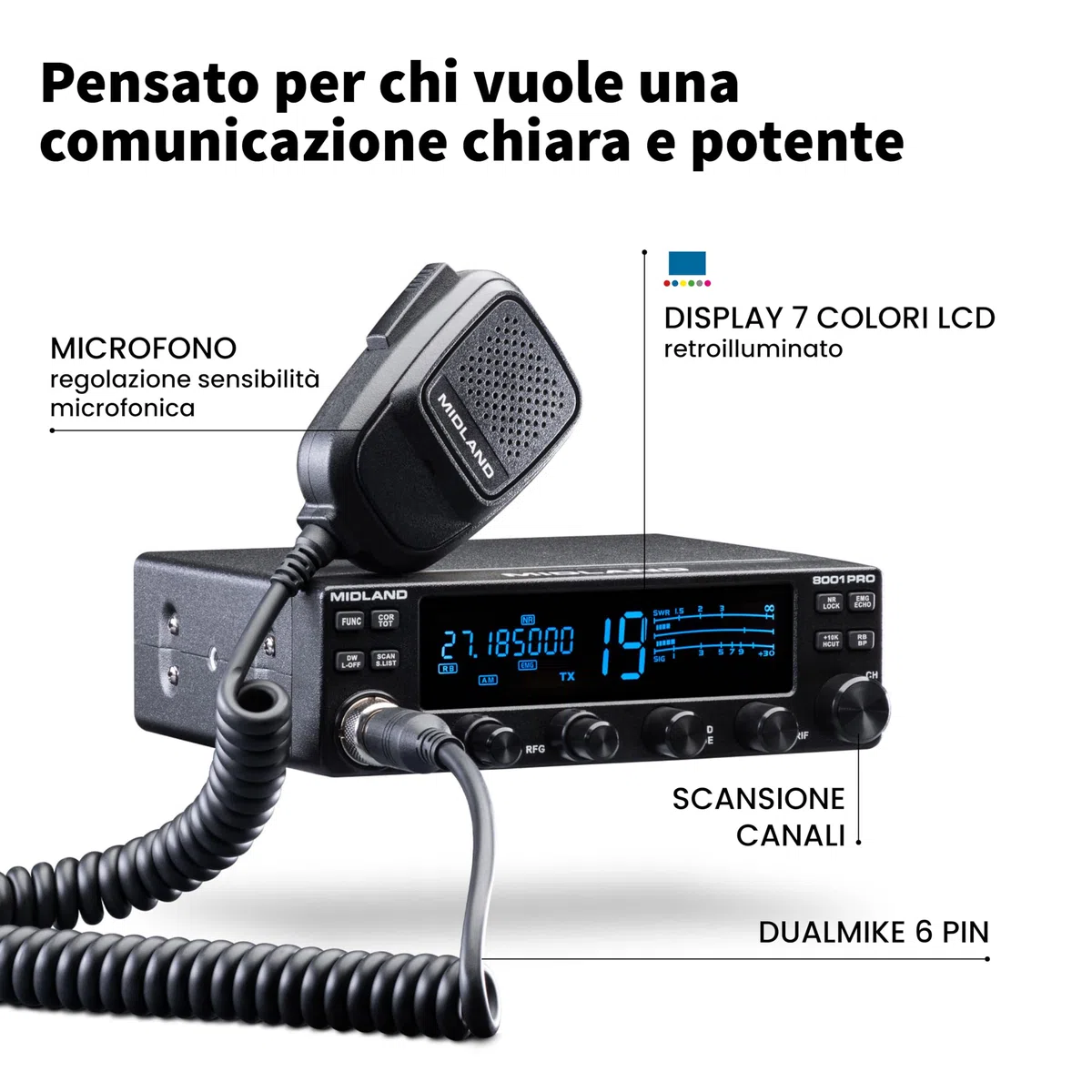 Midland - Kit Vivavoce Bluetooth Dual Mike per Radio CB 4 Pin, Microfono Preamplificato con DSP, PTT Wireless, BLE - Hands Free, Compatibile con Midland 8001 XT e STABO XM 4082/3044/3003, App CB Talk