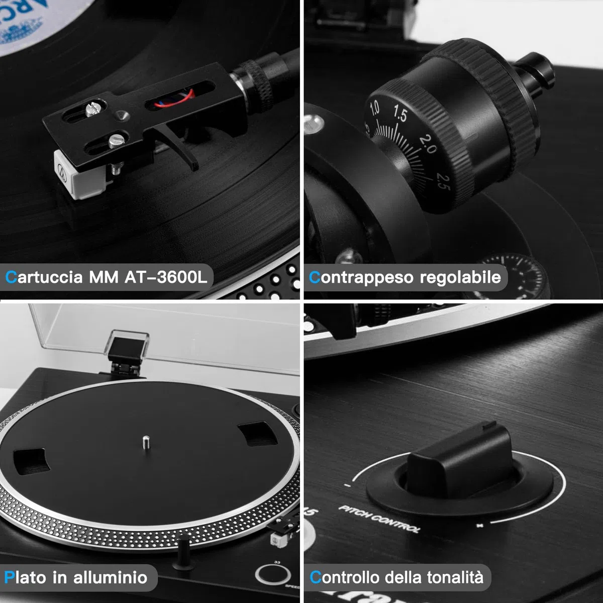PR-101 Giradischi a Cinghia 2 Velocità 33/45 RPM, Cartuccia Magnetica Mobile AT-3600L, Connessione Wireless, Preamplificatore Phono Integrato