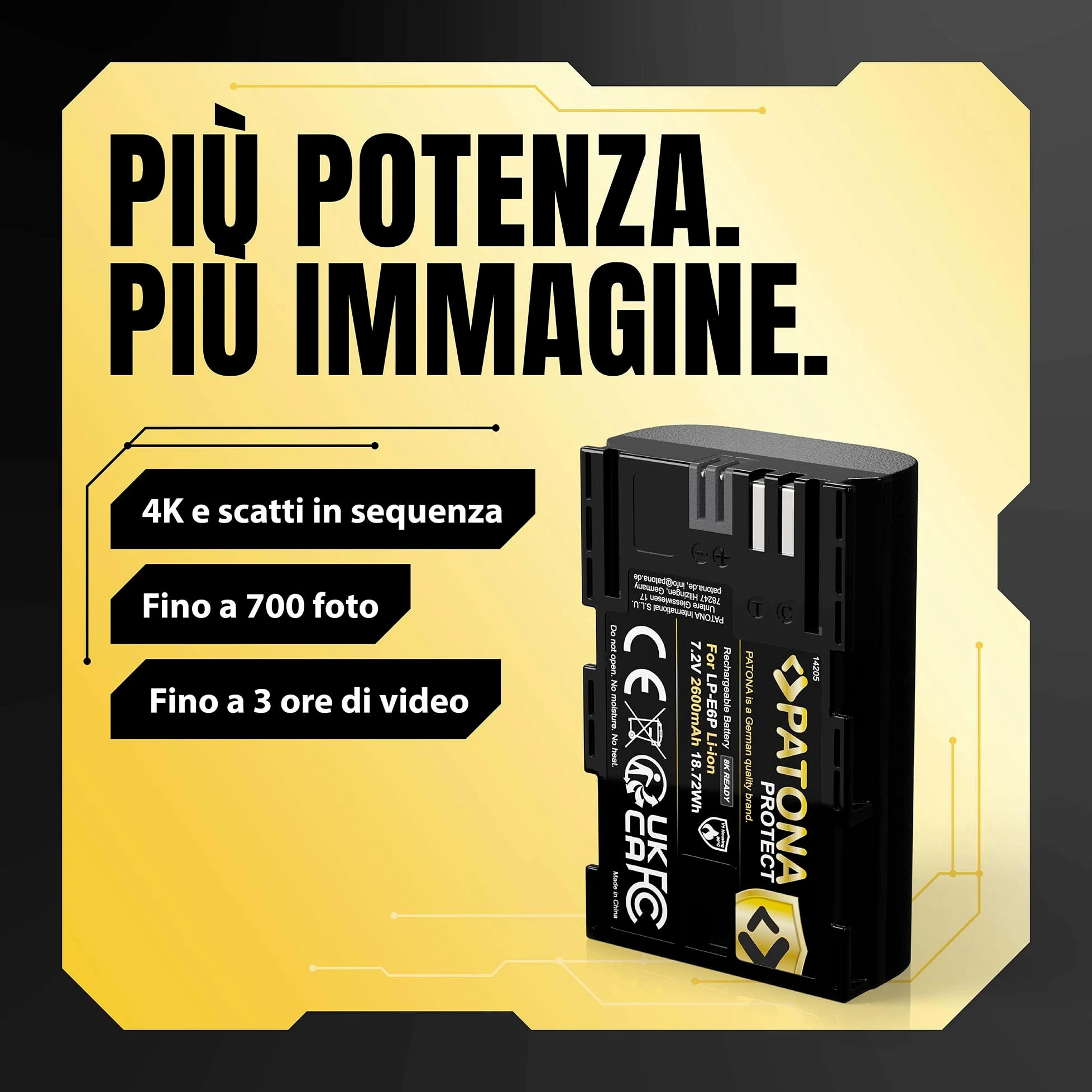 PATONA Protect Batteria LP-E6P 2600mAh 6A – pronta per 8K, per Canon EOS R5 Mark II & R5C – sostituisce LP-E6P LP-E6NH LP-E6N LP-E6 – compatibile con R6 R6II R7 5D IV 90D – guscio V1