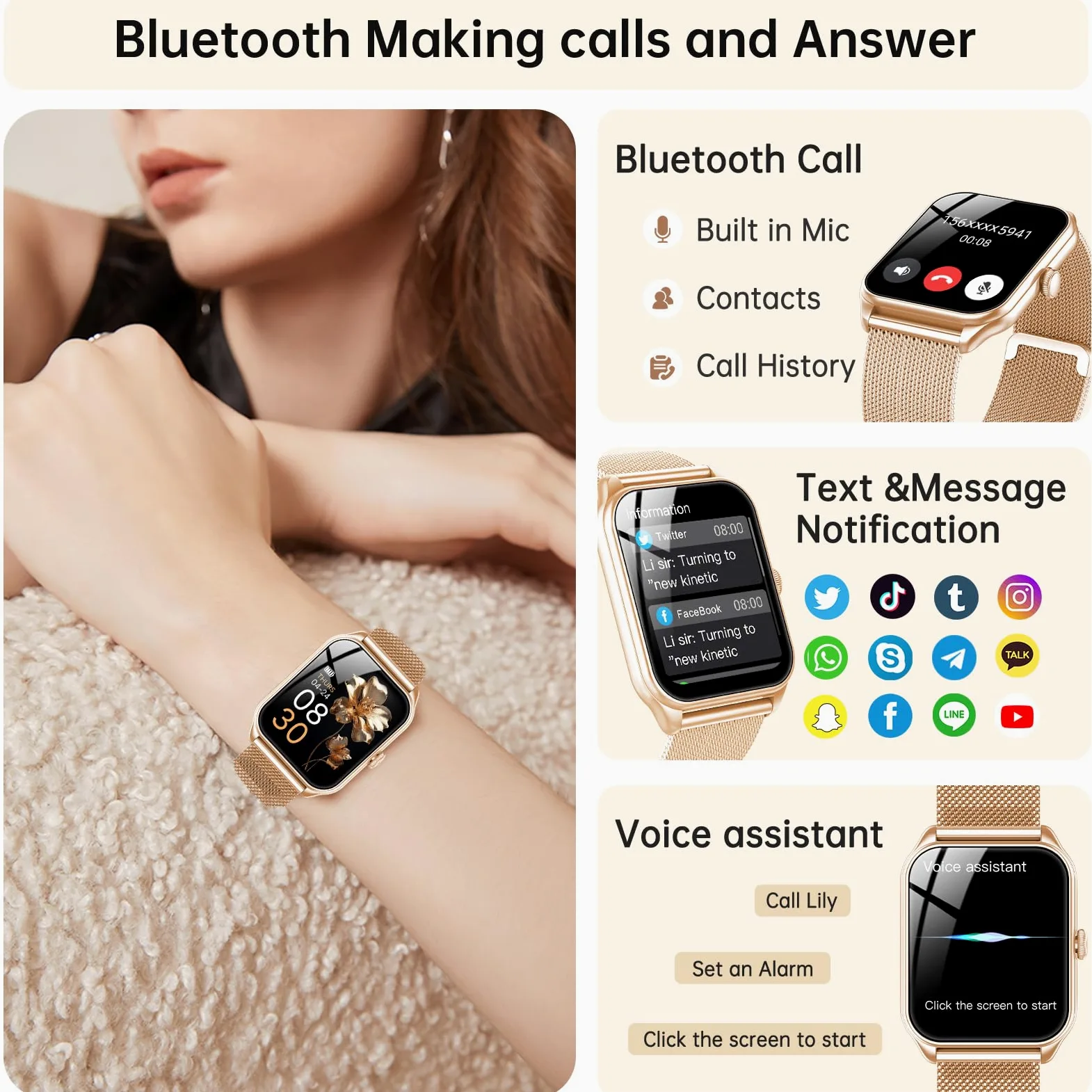Smartwatch Donna, 1,83" HD Orologio Smartwatch Donna con Chiamate Bluetooth, 120+ Modalità Sport, Monitoraggio Salute 24/7, Impermeabile IP68, Fitness Tracker Compatibile con Android e iOS, Oro rosa