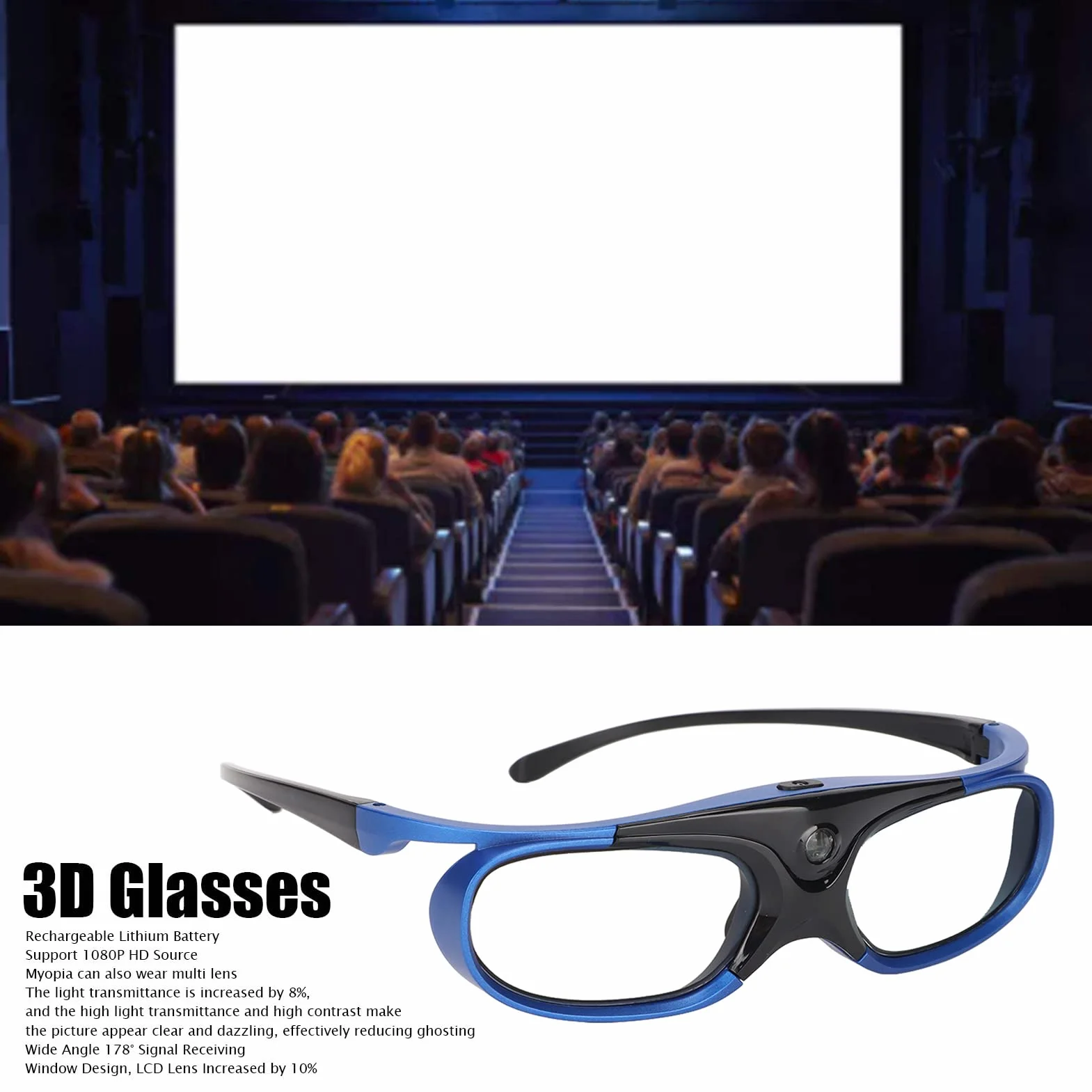 Occhiali 3D DLP Link, Occhiali 3D Active Shutter 144Hz Occhiali 3D Active Shutter Ricaricabili per Tutti i Proiettori 3D DLP Link