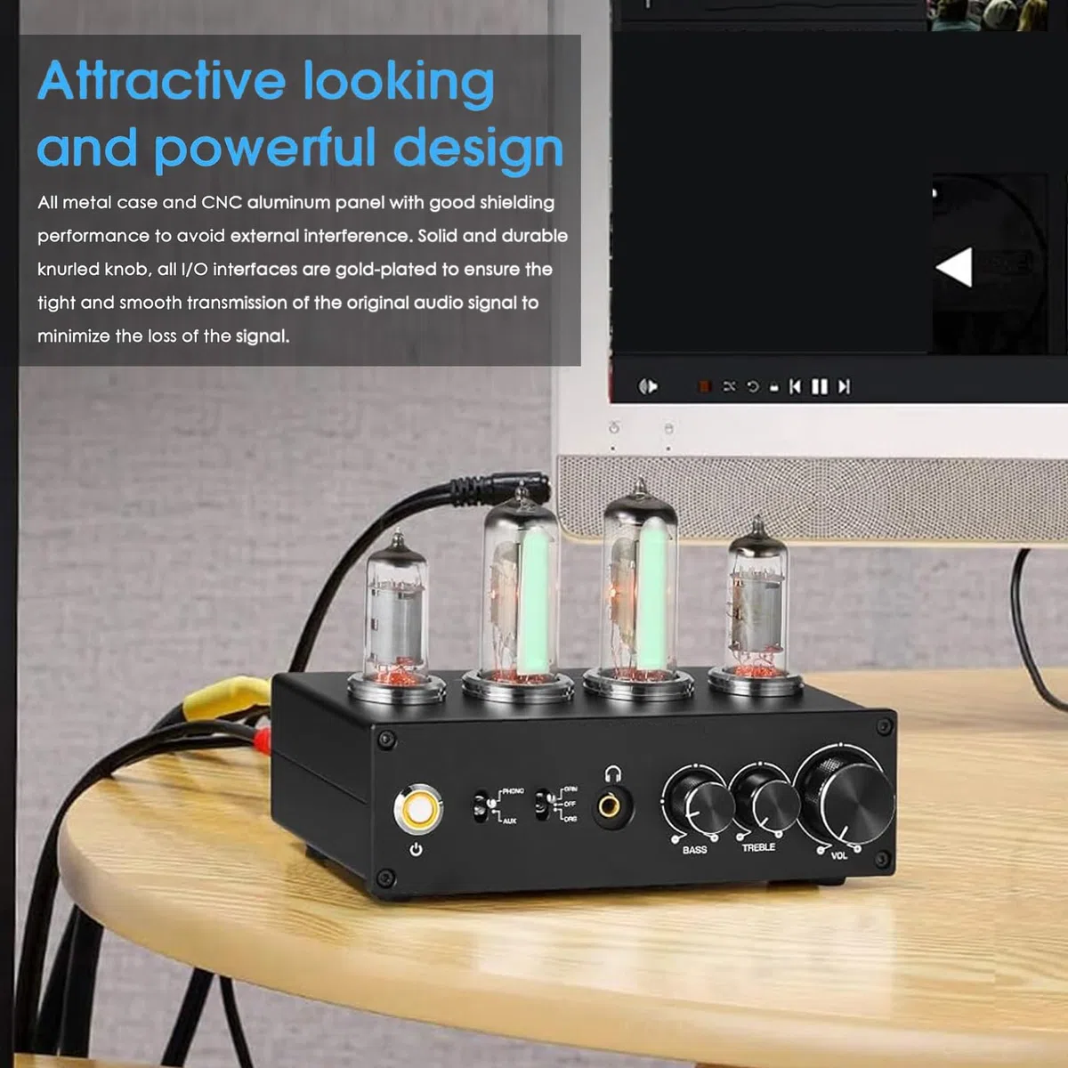 AUNMAS Preamplificatore Fono Valvolare Elettronico, Preamplificatore Audio Stereo HiFi con Jack per Cuffie da 3,5 MM e Controllo dei Bassi Acuti, per Giradischi MM MC (Spina UE 100-240 V)