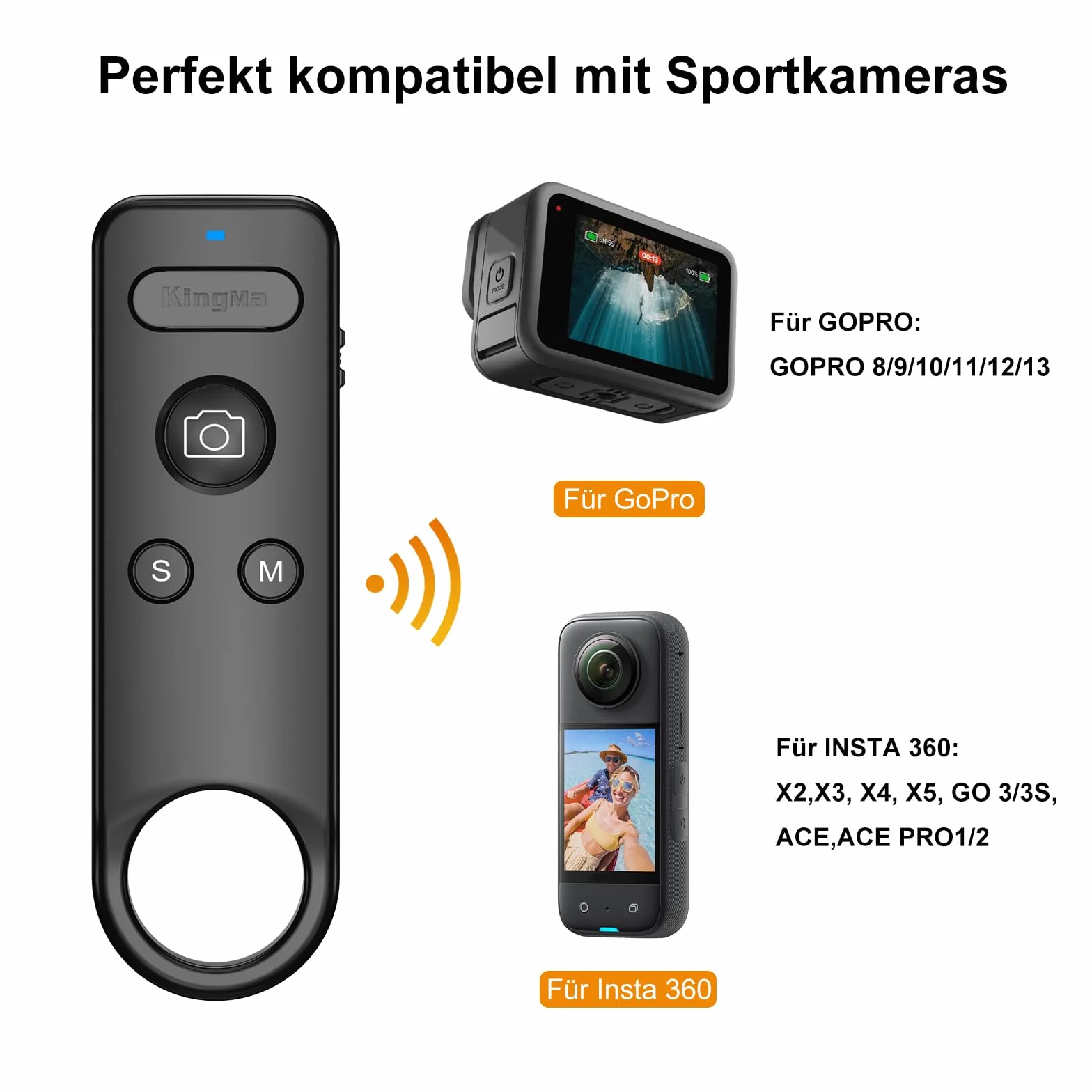 Wireless Insta 360 Ace Remote Go Pro 13 Bluetooth Remote Control per GoPro 8/9/10/11/12/13 & Insta360 X2, X3, X4, X5, GO 3/3S, ace Sport Camera per Vlogging, Cycling