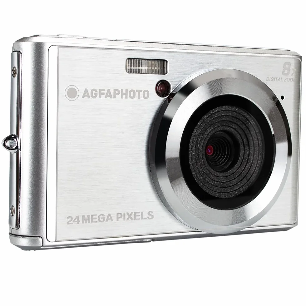 AgfaPhoto - Fotocamera Compatta Digitale 24MP - Realishot DC5500 - Schermo LCD 2,4" - Zoom Digitale 8X - Video HD 720p - Autofocus, Rilevamento Viso & Stabilizzazione - Batteria al Litio - Argento